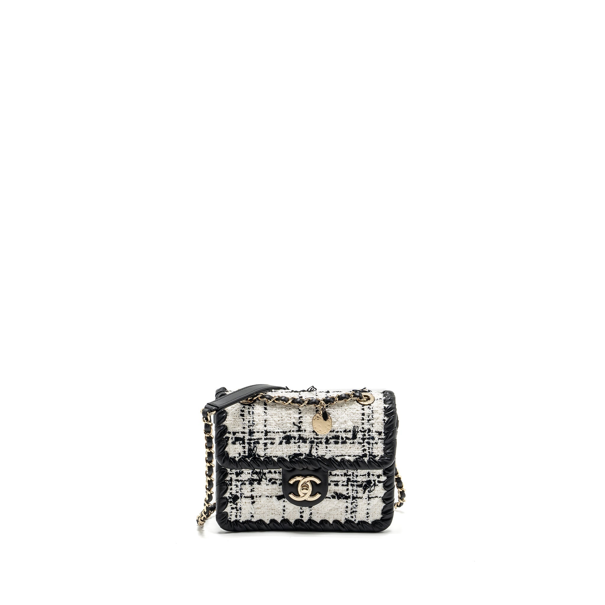 CHANEL SEASONAL MINI SQUARE FLAP BAG TWEED WHITE/BLACK LGHW (MICROCHIP)