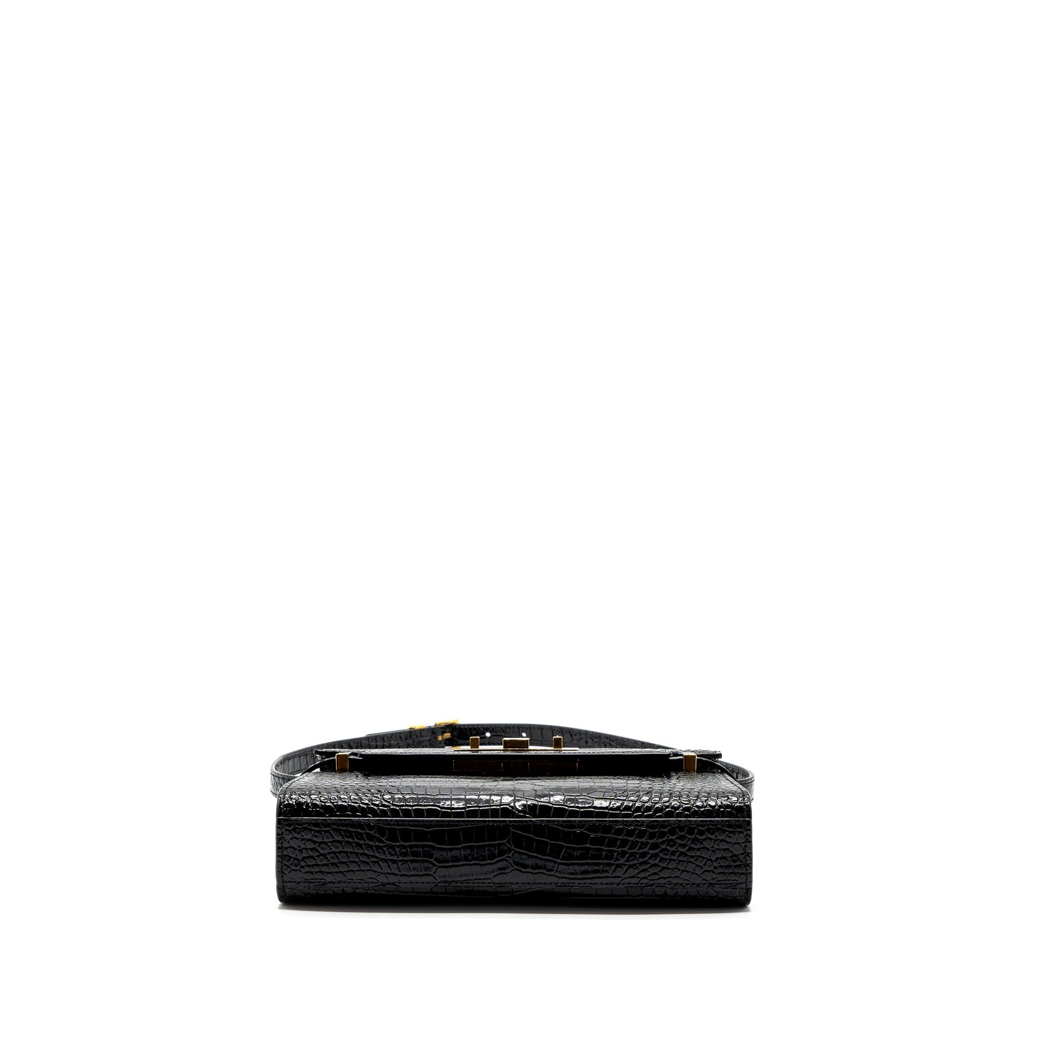 SAINT LAURENT MANHATTAN SHOULDER BAG CROCODILE-EMBOSSED BLACK GHW