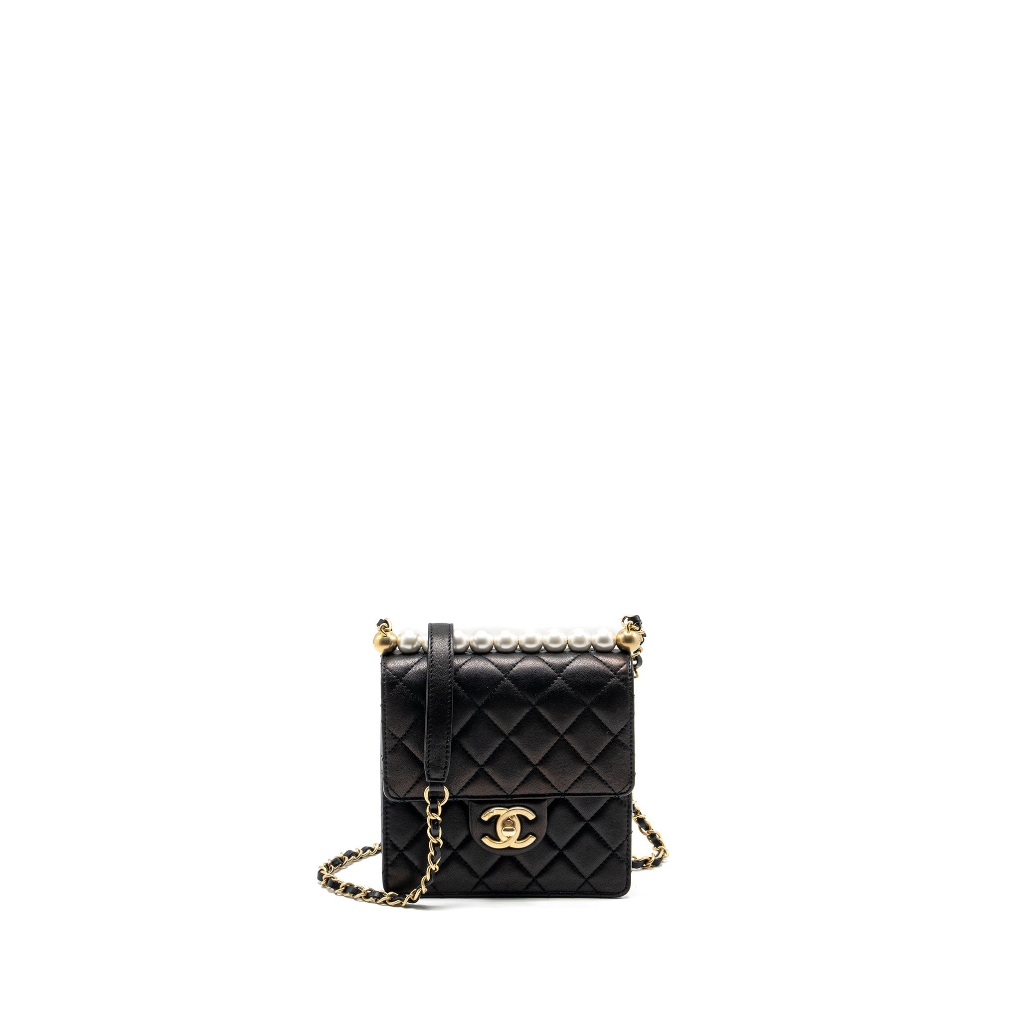 CHANEL VERTICAL PEARL FLAP BAG GOATSKIN BLACK GHW