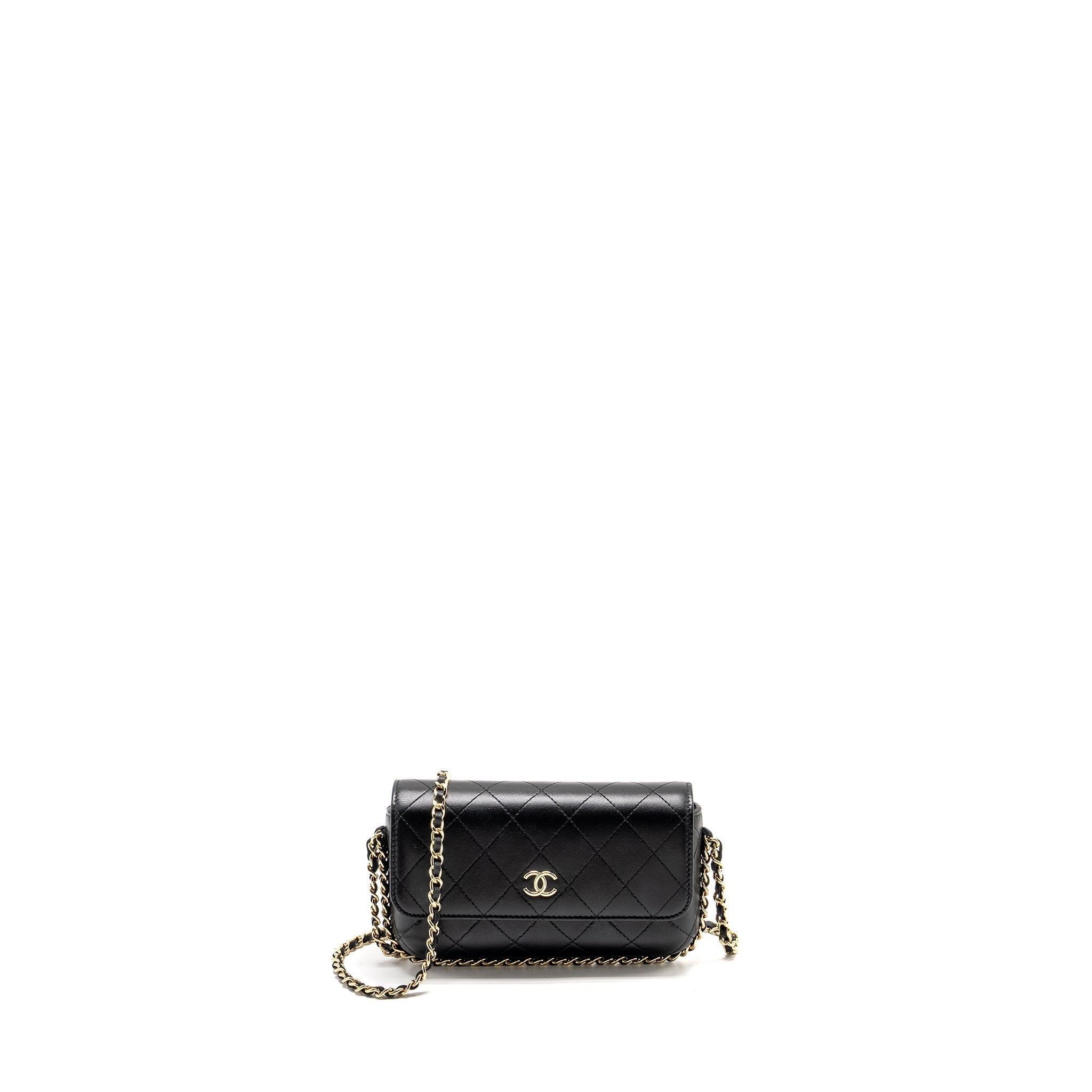 CHANEL 22A PHONE CASE/MINI WALLET ON CHAIN LAMBSKIN BLACK LGHW (MICROCHIP)