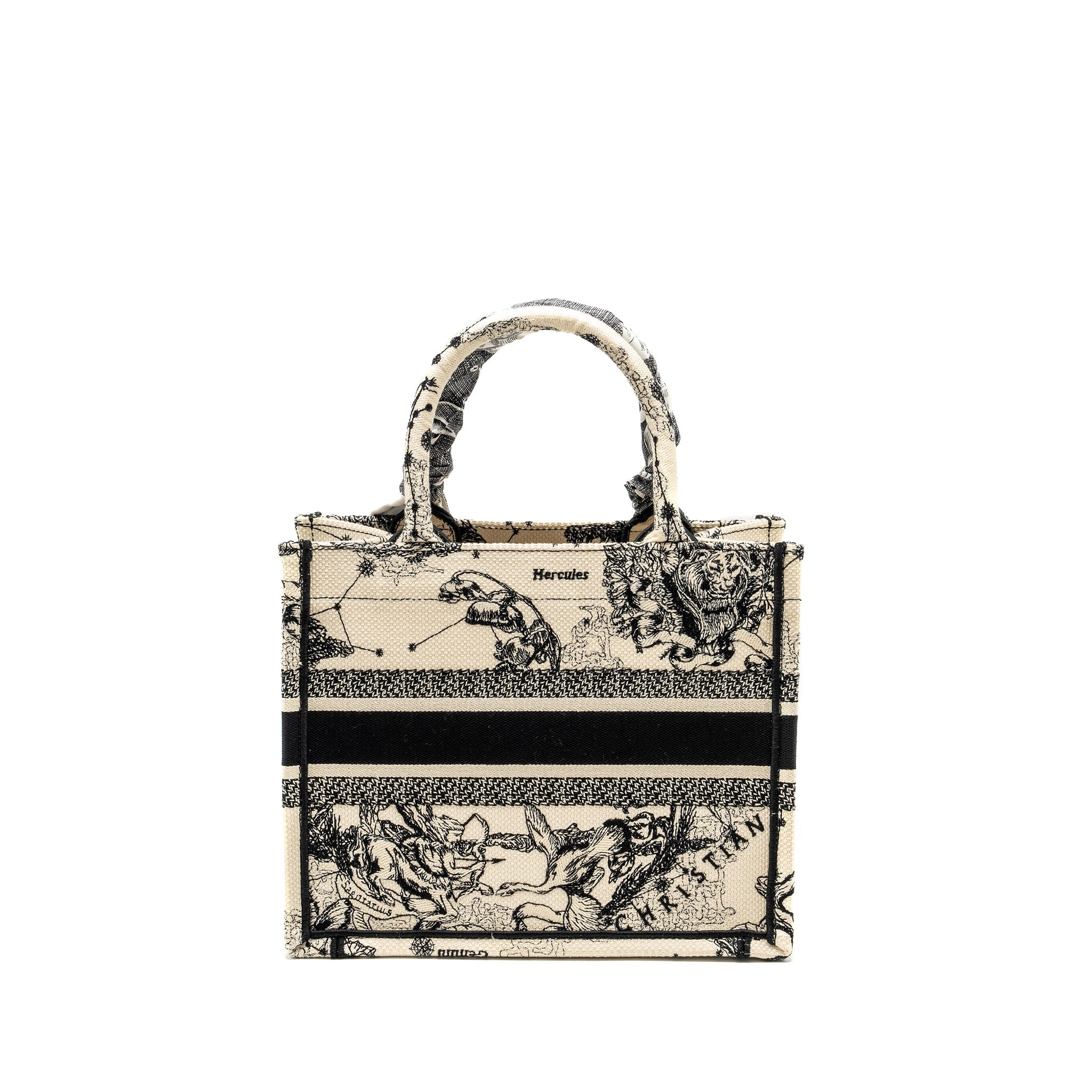DIOR SMALL BOOK TOTE LATTE/BLACK TOILE DE JOUY ZODIAC EMBROIDERY