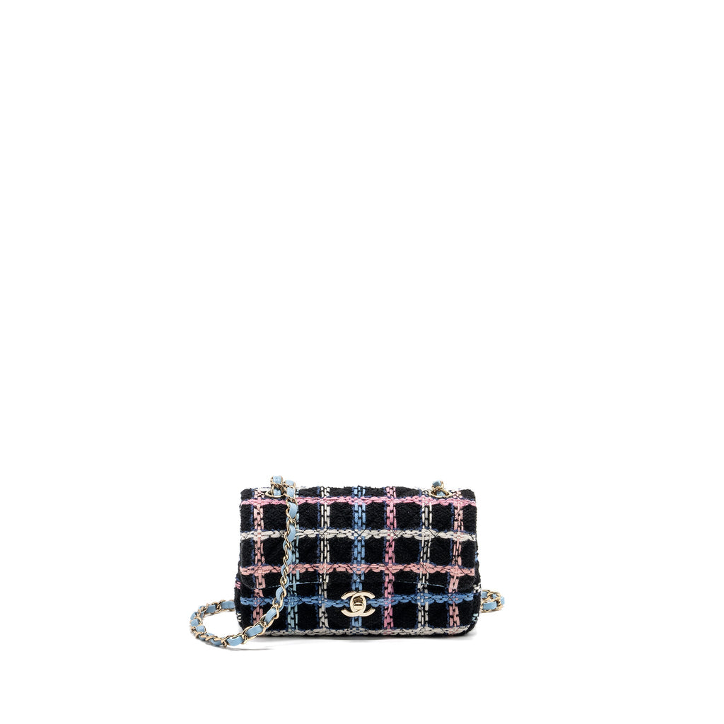 CHANEL MINI RECTANGULAR FLAP BAG TWEED BLACK MULTICOLOUR LGHW (MICROCHIP)