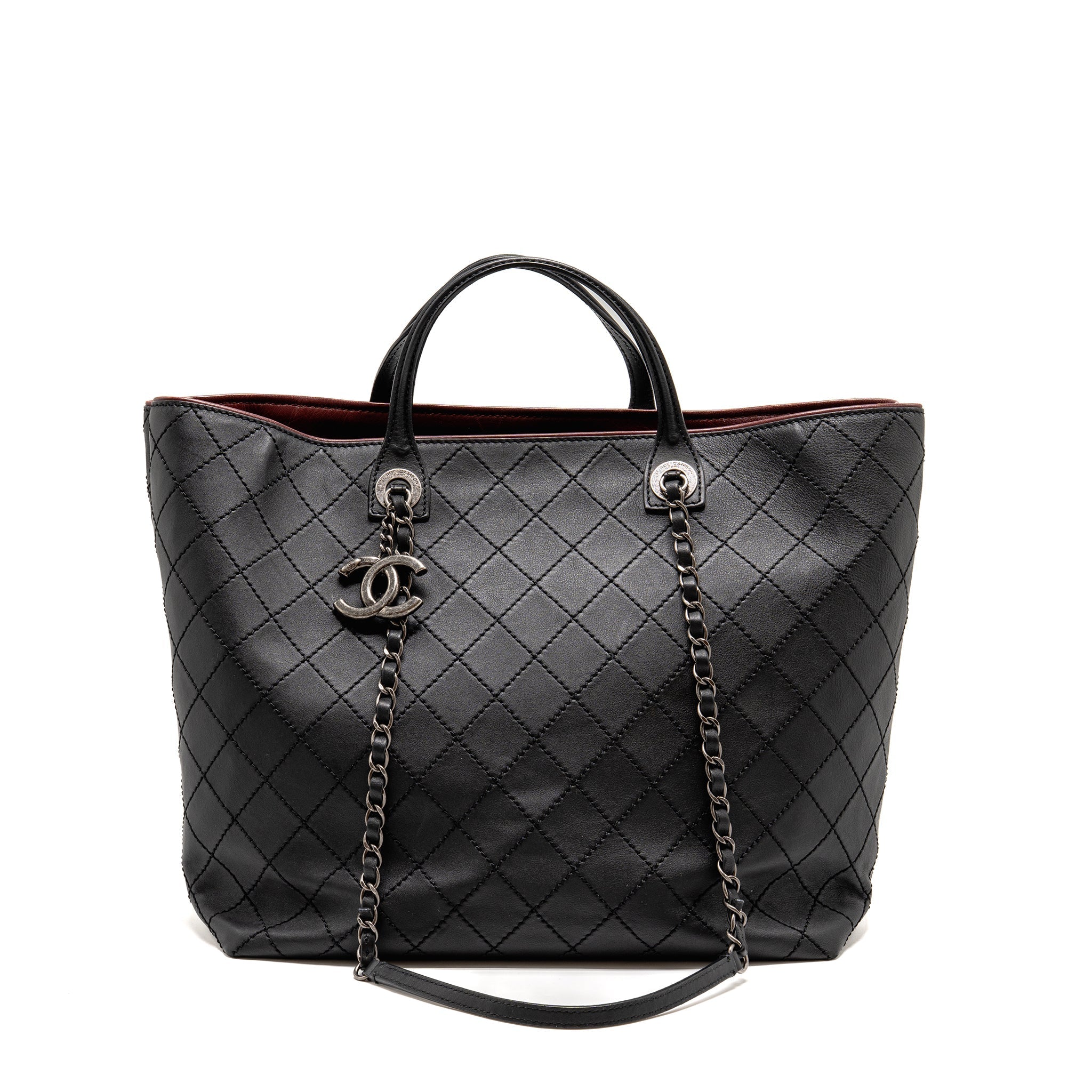 CHANEL ON THE ROAD STITCHED TOTE BAG CALFSKIN BLACK RUTHENIUM SILVER HARDWARE