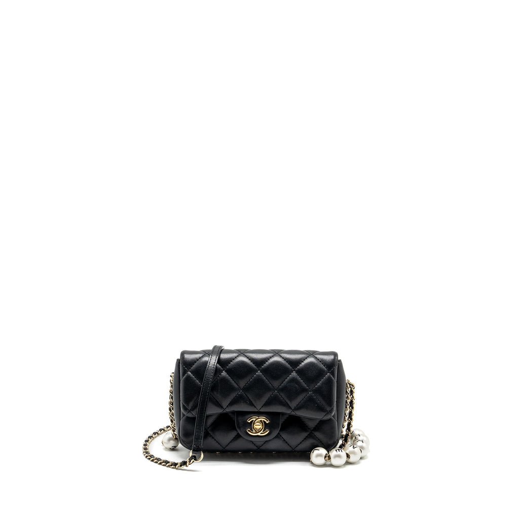 CHANEL PEARL CHAIN QUILTED FLAP BAG LAMBSKIN BLACK GHW