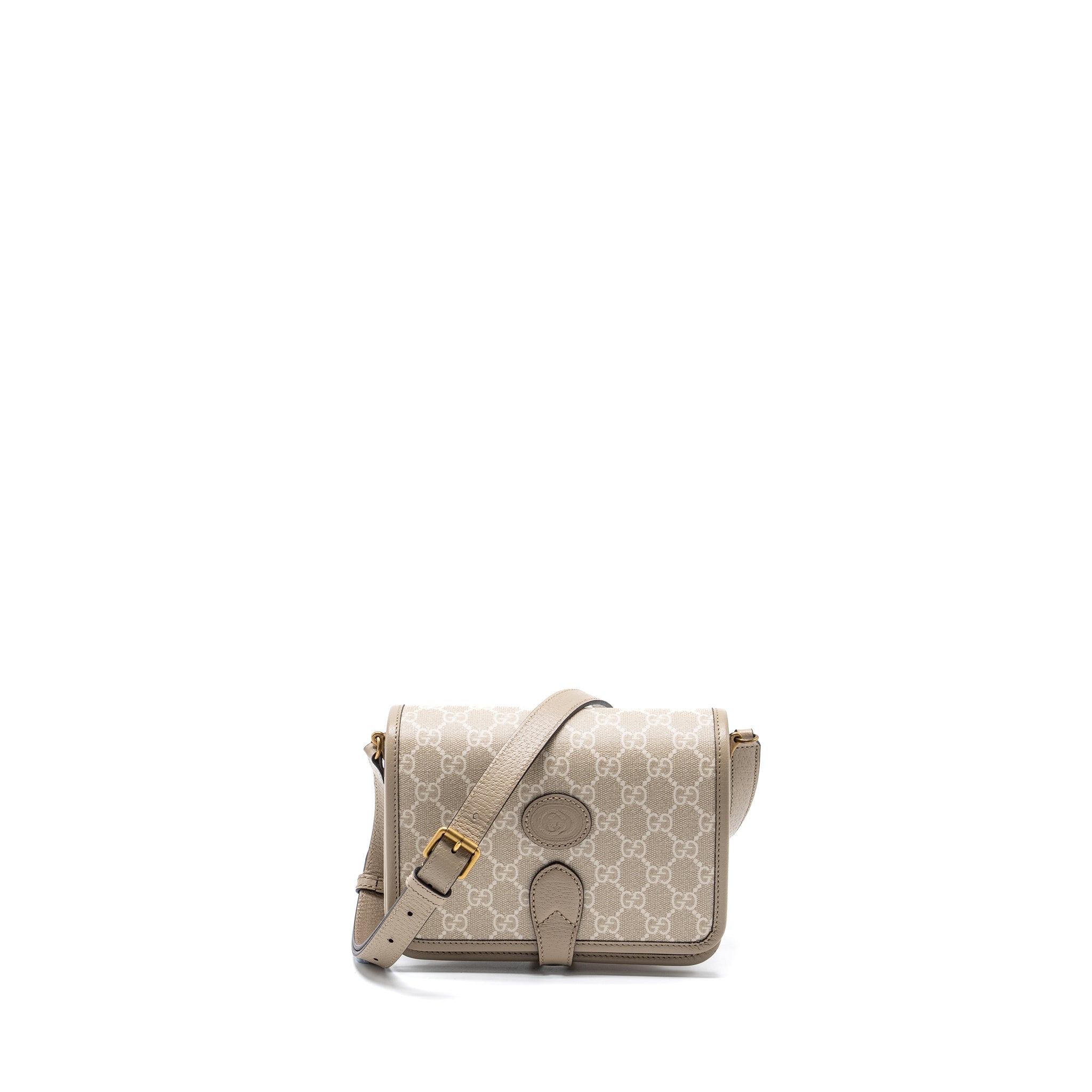 GUCCI INTERLOCK GG LOGO CROSSBODY MESSANGER BAG CANVAS/ CALFSKIN LIGHT GREY GHW