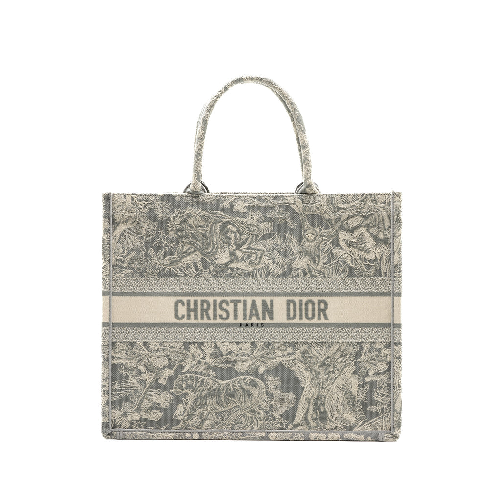 DIOR LARGE BOOK TOTE ECRU AND GREY TOILE DE JOUY EMBROIDERY