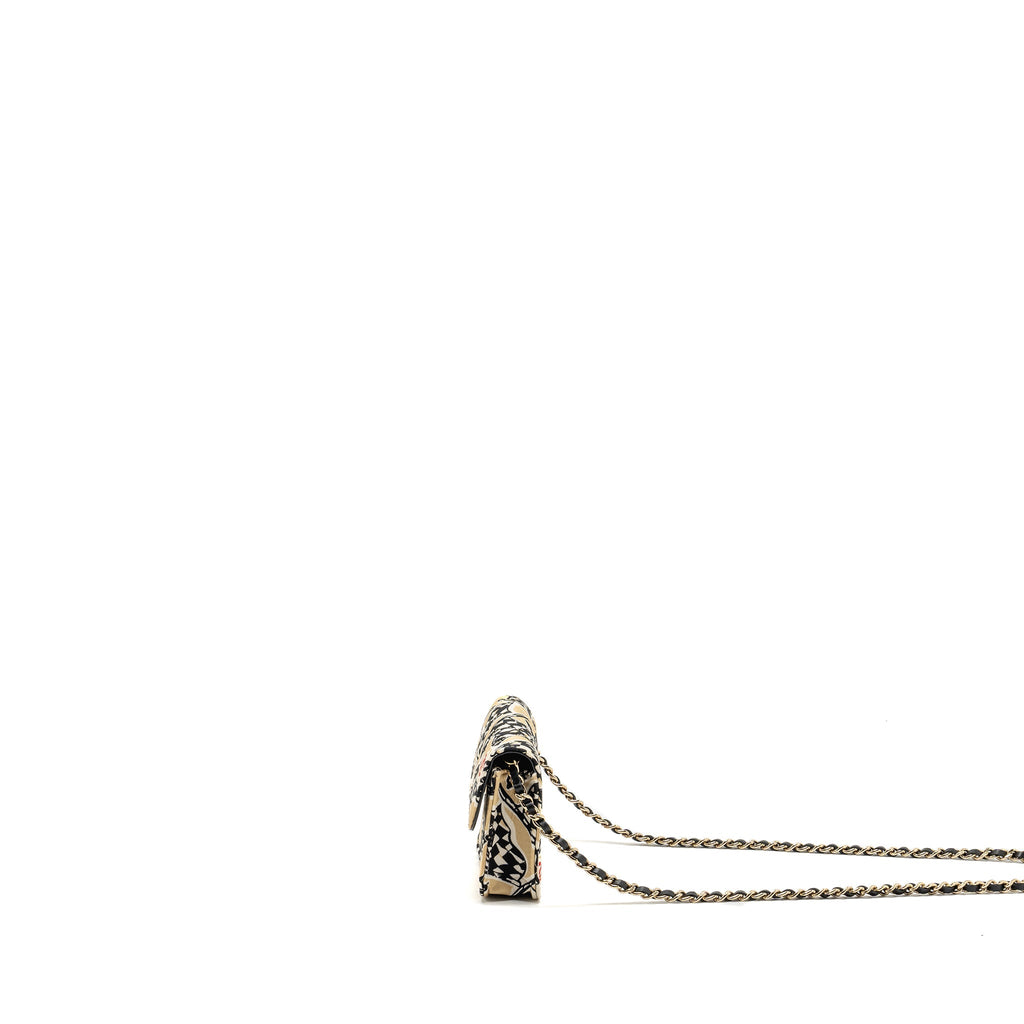 CHANEL MINI FLAP CLUTCH WITH CHAIN FABRIC BEIGE/MULTICOLOUR LGHW(MICROCHIP)