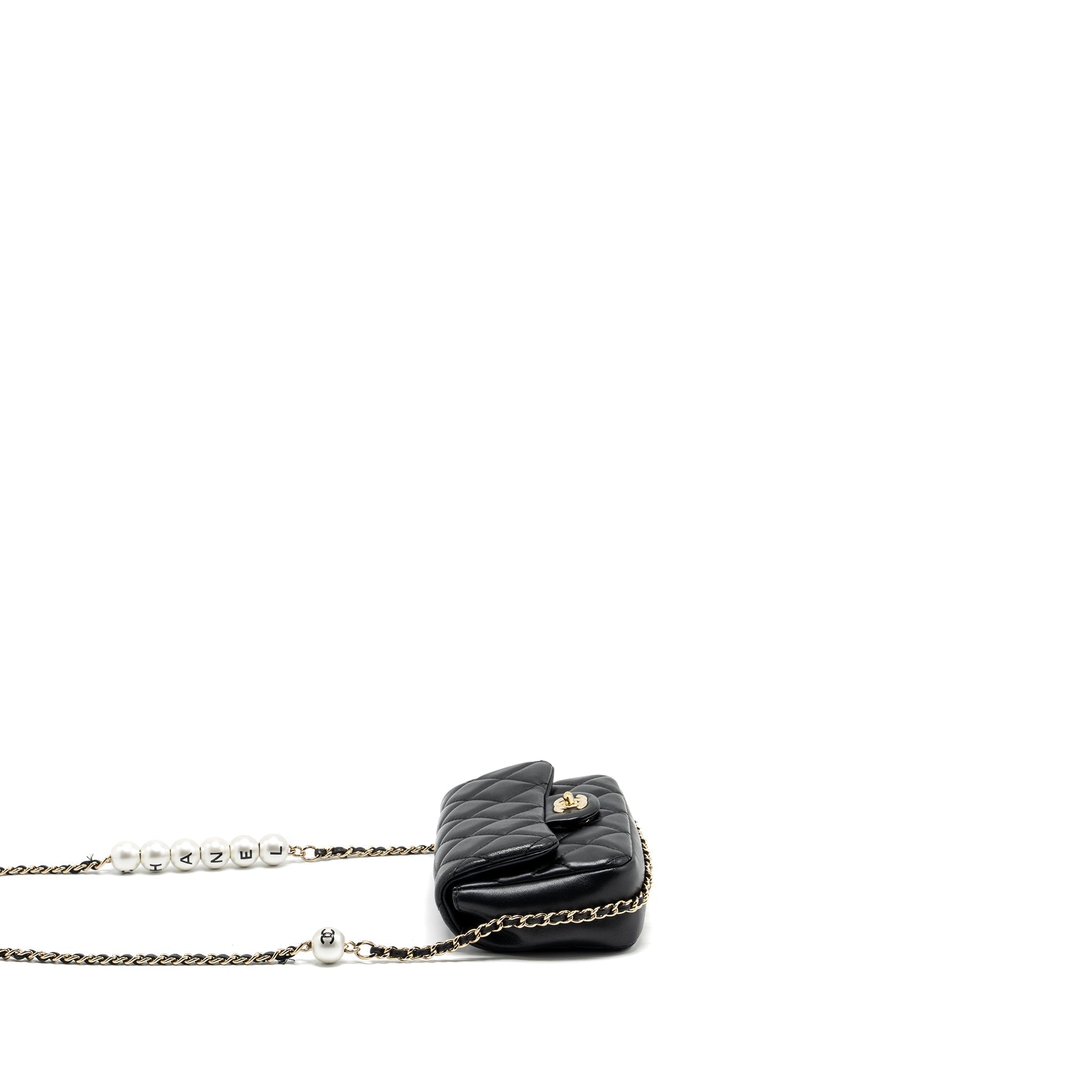 CHANEL PEARL CHAIN QUILTED FLAP BAG LAMBSKIN BLACK GHW