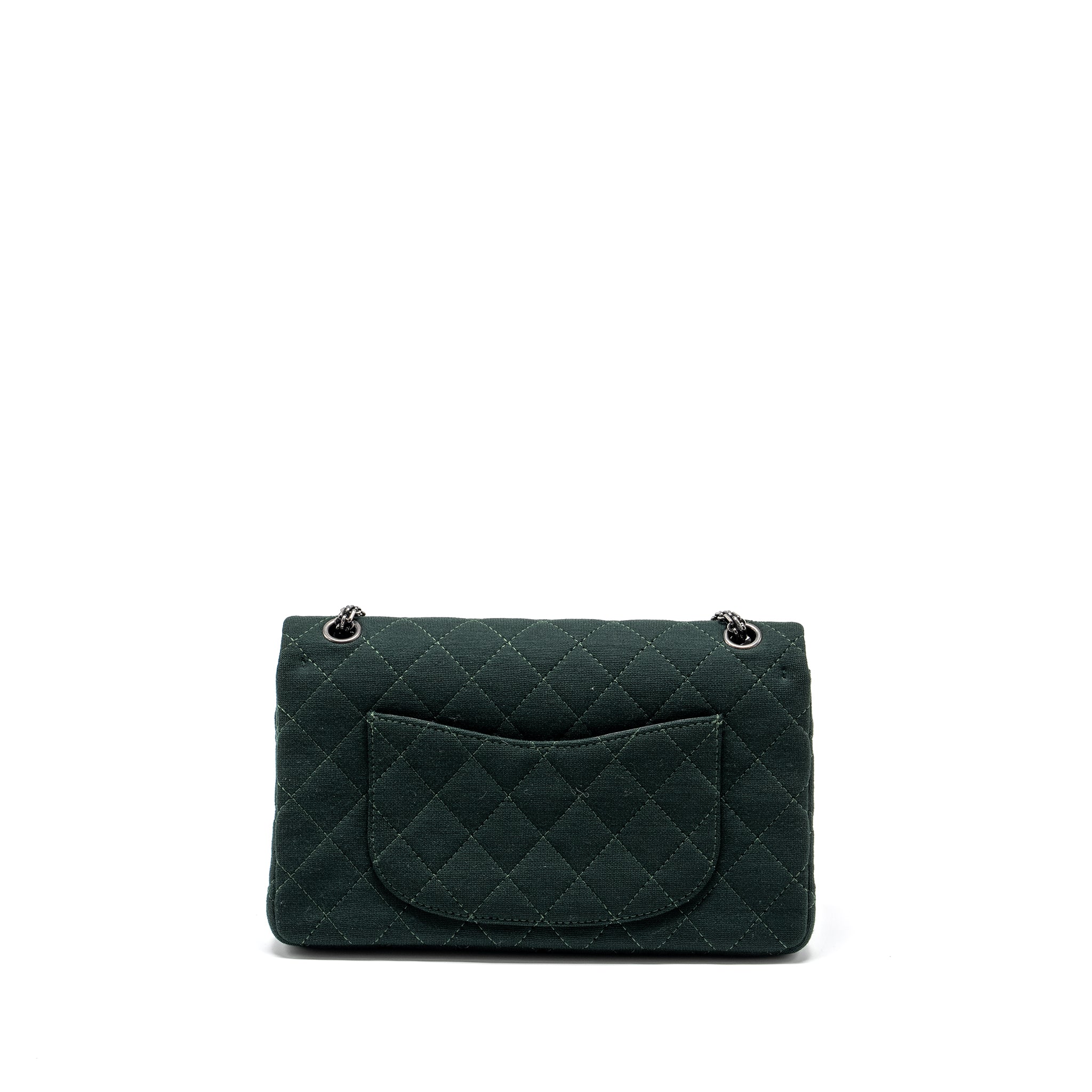 CHANEL REISSUE 2.55 226 DOUBLE FLAP BAG FABRIC DARK GREEN RUTHENIUM HARDWARE
