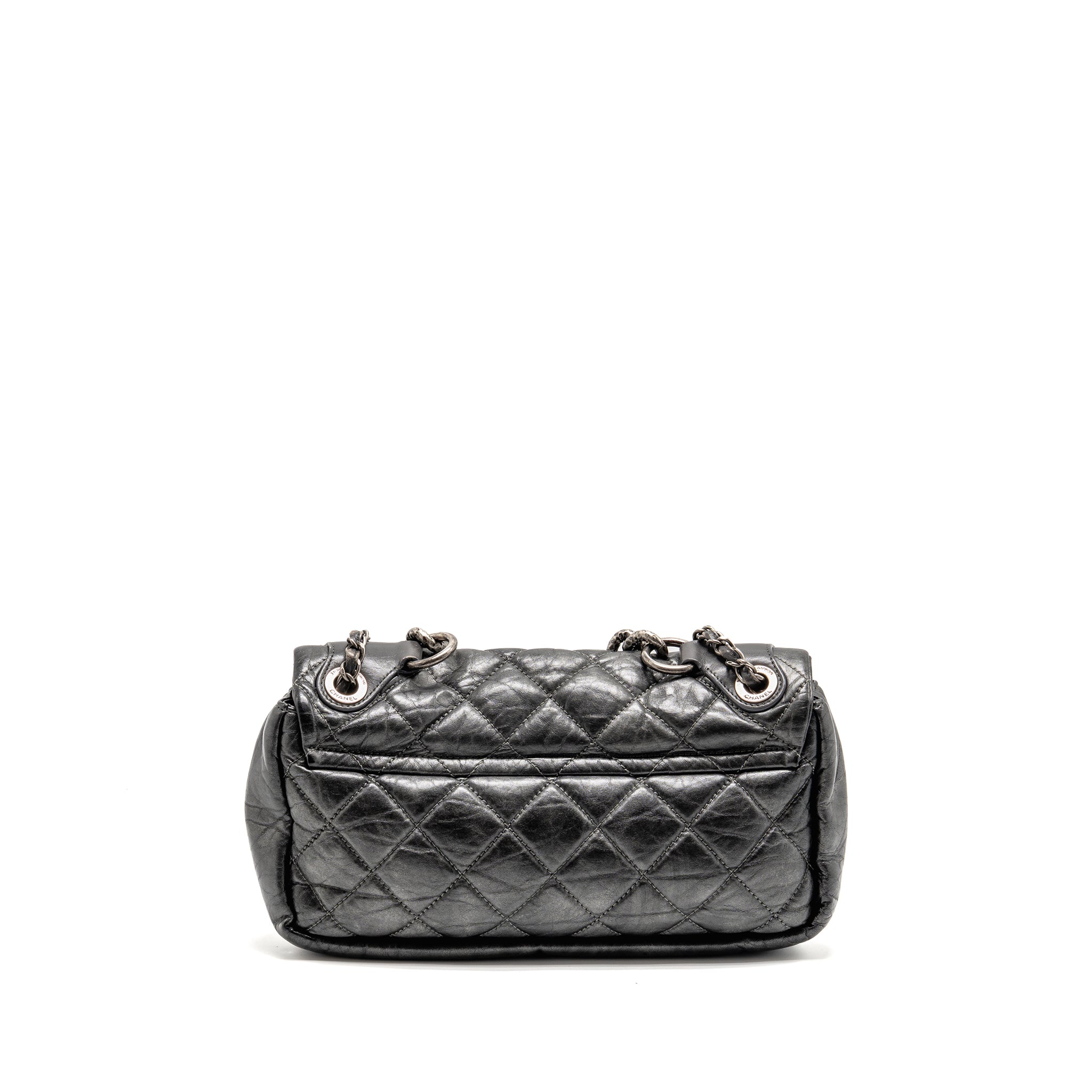 CHANEL DETAILED CHAIN SINGLE FLAP BAG CALFSKIN CHARCOAL GREY SHW