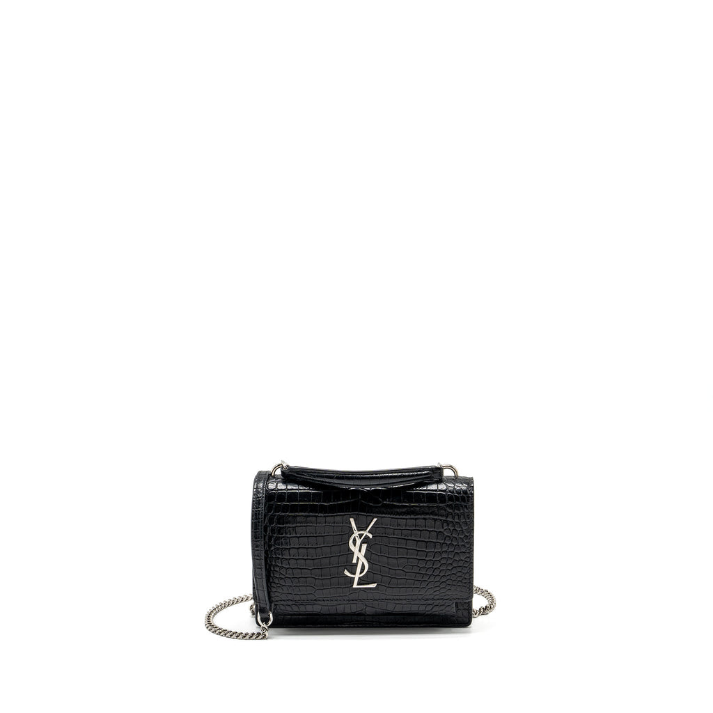 SAINT LAURENT/YSL SUNSET BAG CROC-EMBOSSED CALFSKIN BLACK SHW