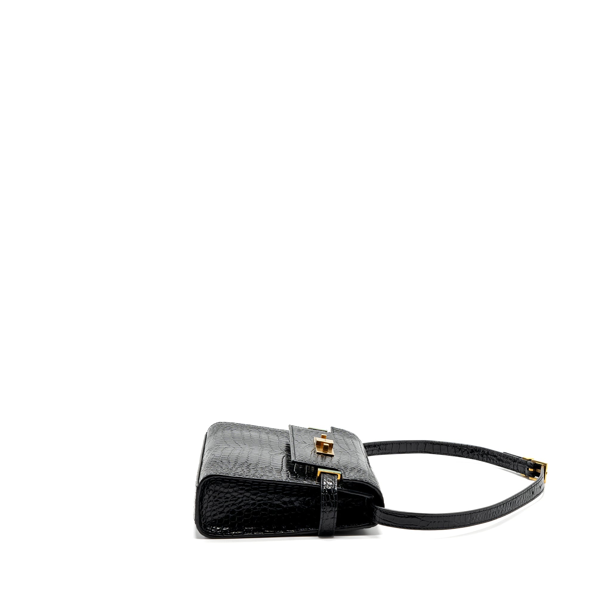 SAINT LAURENT MANHATTAN SHOULDER BAG CROCODILE-EMBOSSED BLACK GHW