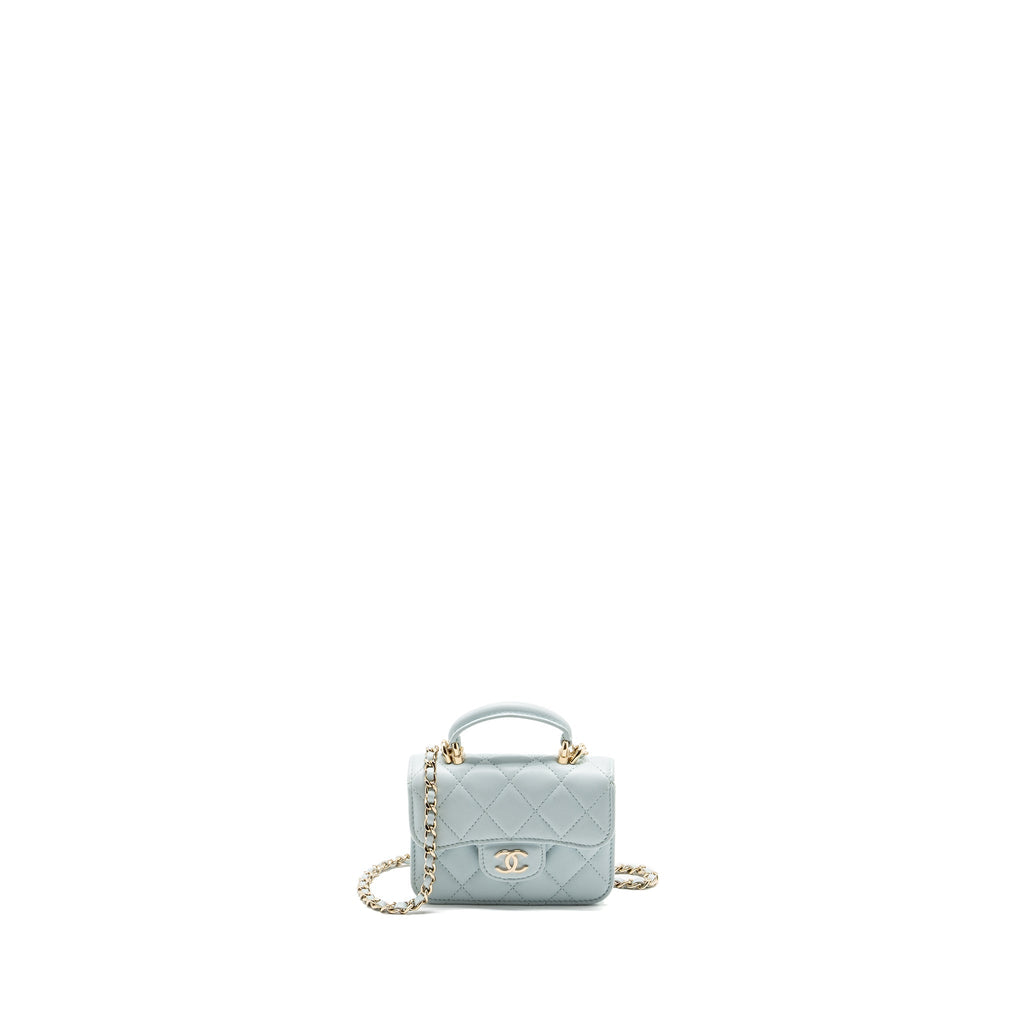 CHANEL TOP HANDLE MINI FLAP BAG WITH CHAIN LAMBSKIN LIGHT BLUE LGHW