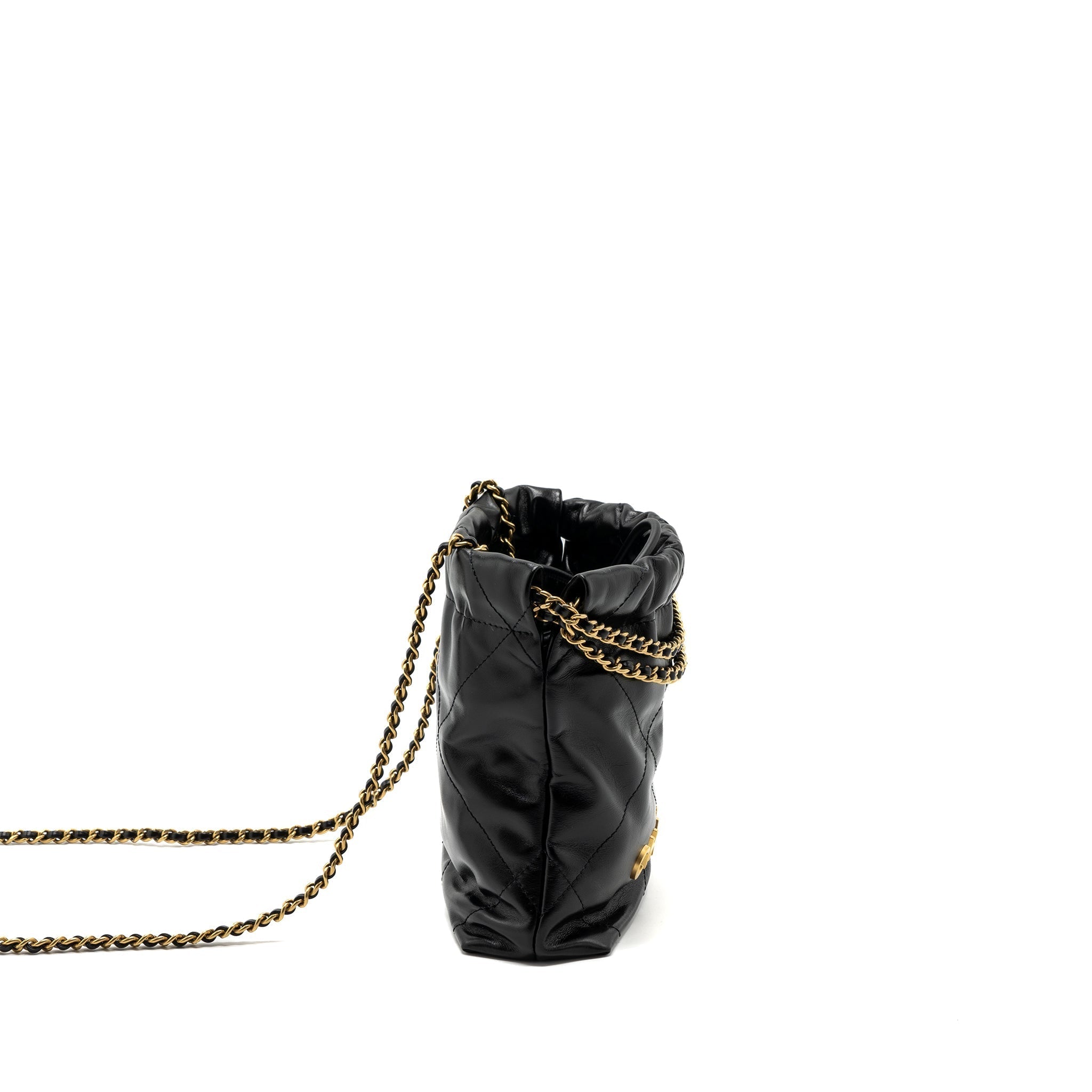 CHANEL MINI 22 BAG SHINY CALFSKIN BLACK BRUSHED GHW (MICROCHIP)