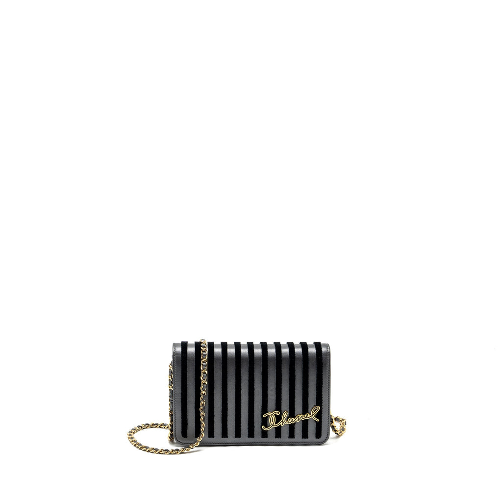 CHANEL 18A MARINIERE WALLET ON CHAIN CALFSKIN CHARCOAL GHW