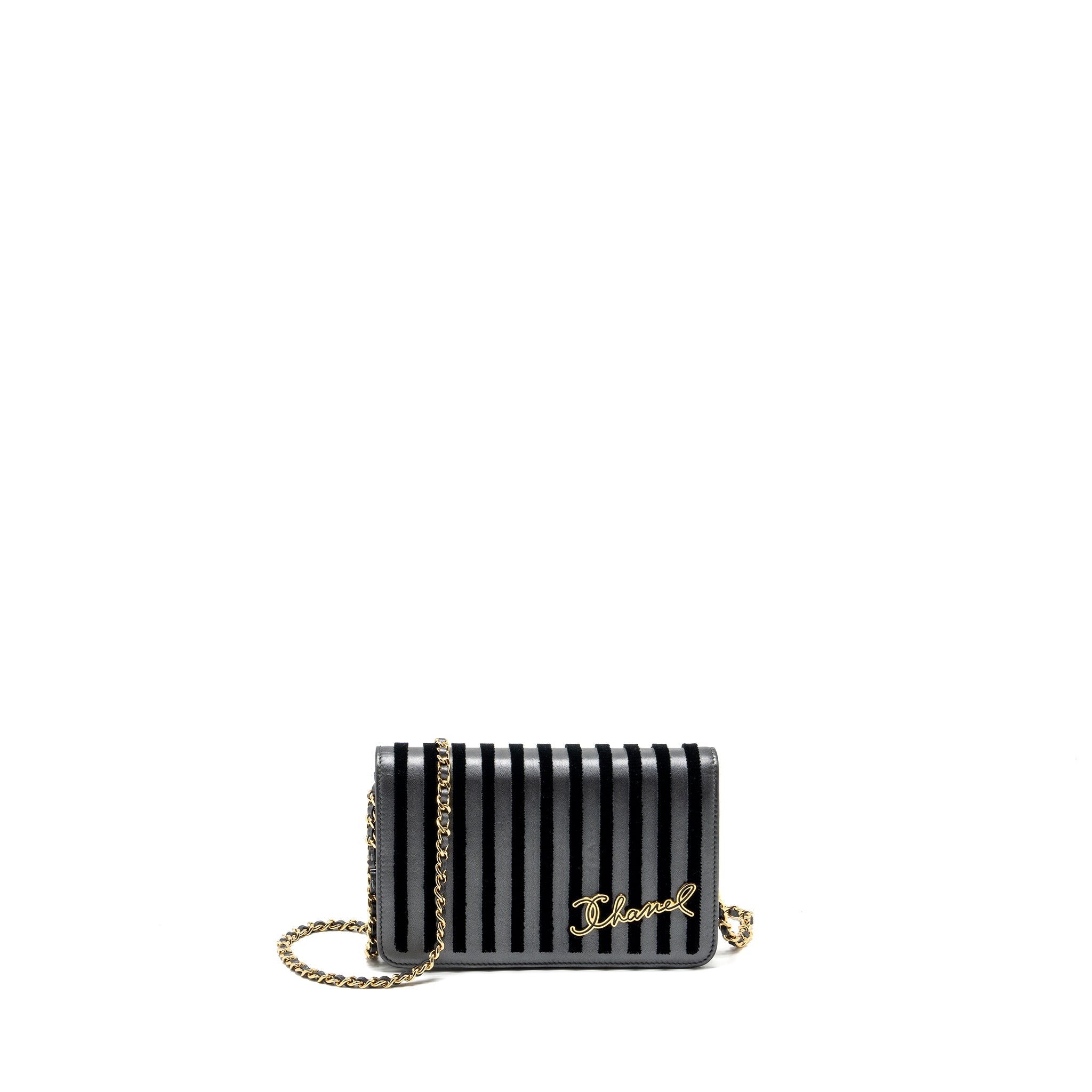 CHANEL 18A MARINIERE WALLET ON CHAIN CALFSKIN CHARCOAL GHW