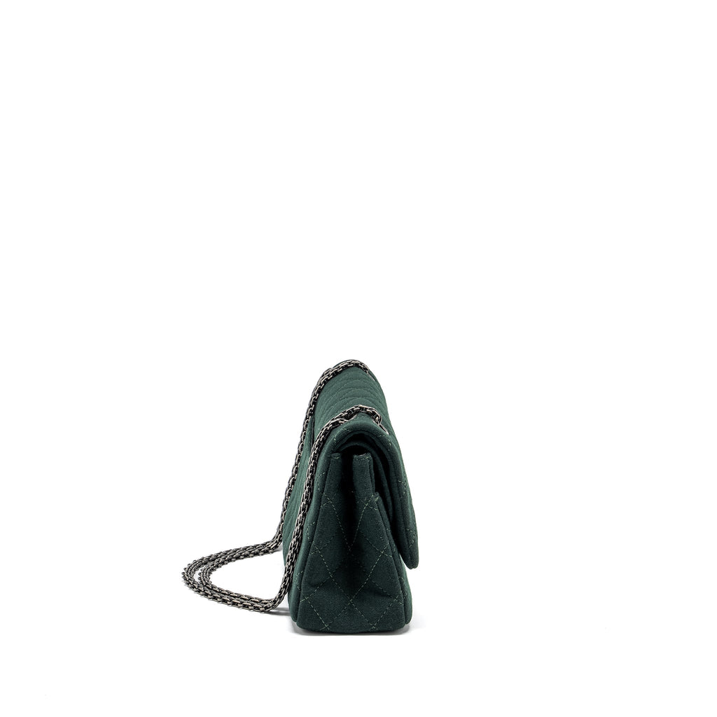 CHANEL REISSUE 2.55 226 DOUBLE FLAP BAG FABRIC DARK GREEN RUTHENIUM HARDWARE