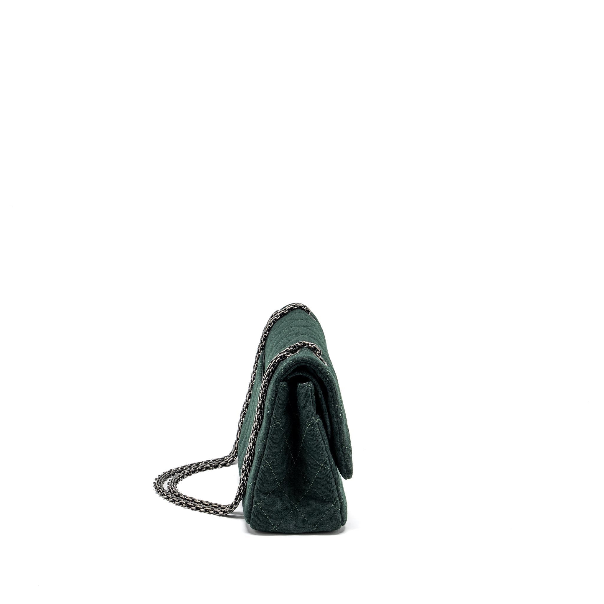 CHANEL REISSUE 2.55 226 DOUBLE FLAP BAG FABRIC DARK GREEN RUTHENIUM HARDWARE