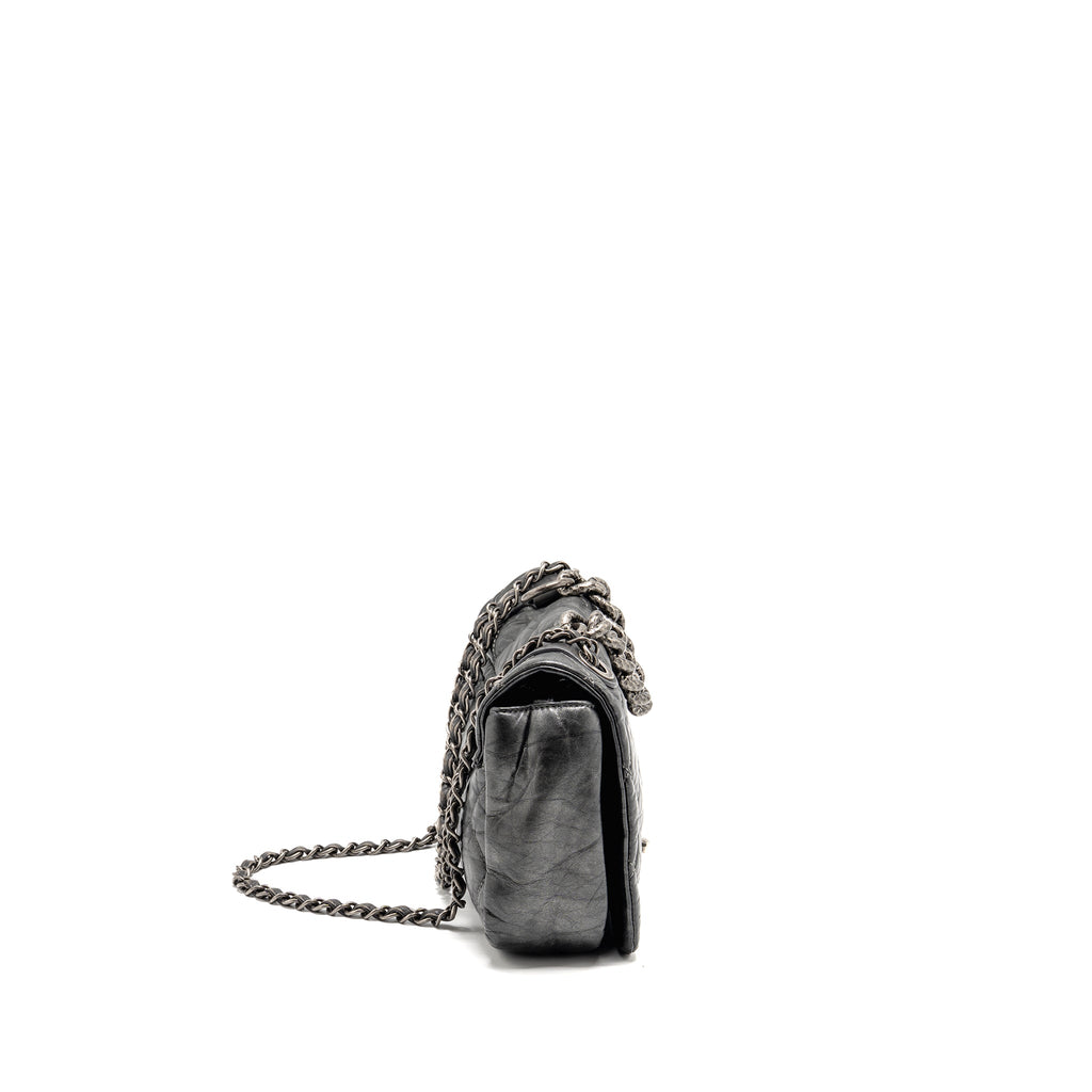 CHANEL DETAILED CHAIN SINGLE FLAP BAG CALFSKIN CHARCOAL GREY SHW