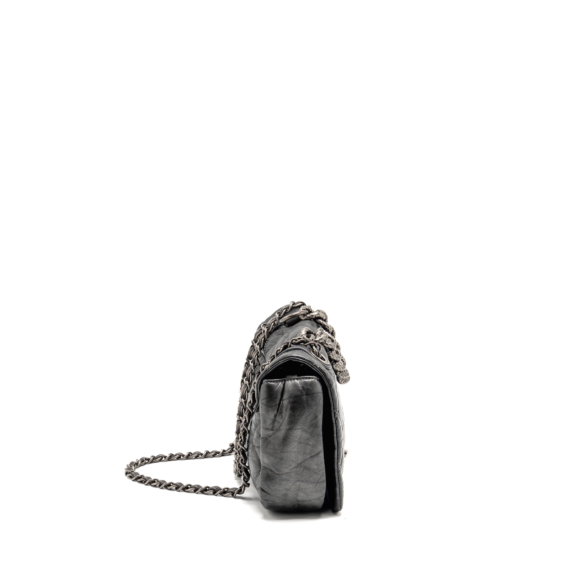 CHANEL DETAILED CHAIN SINGLE FLAP BAG CALFSKIN CHARCOAL GREY SHW