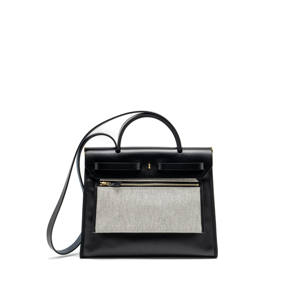 HERMES HERBAG 31 ZIP BAG BERLINE CANVAS/VACHE HUNTER BLACK/ECRU GHW
