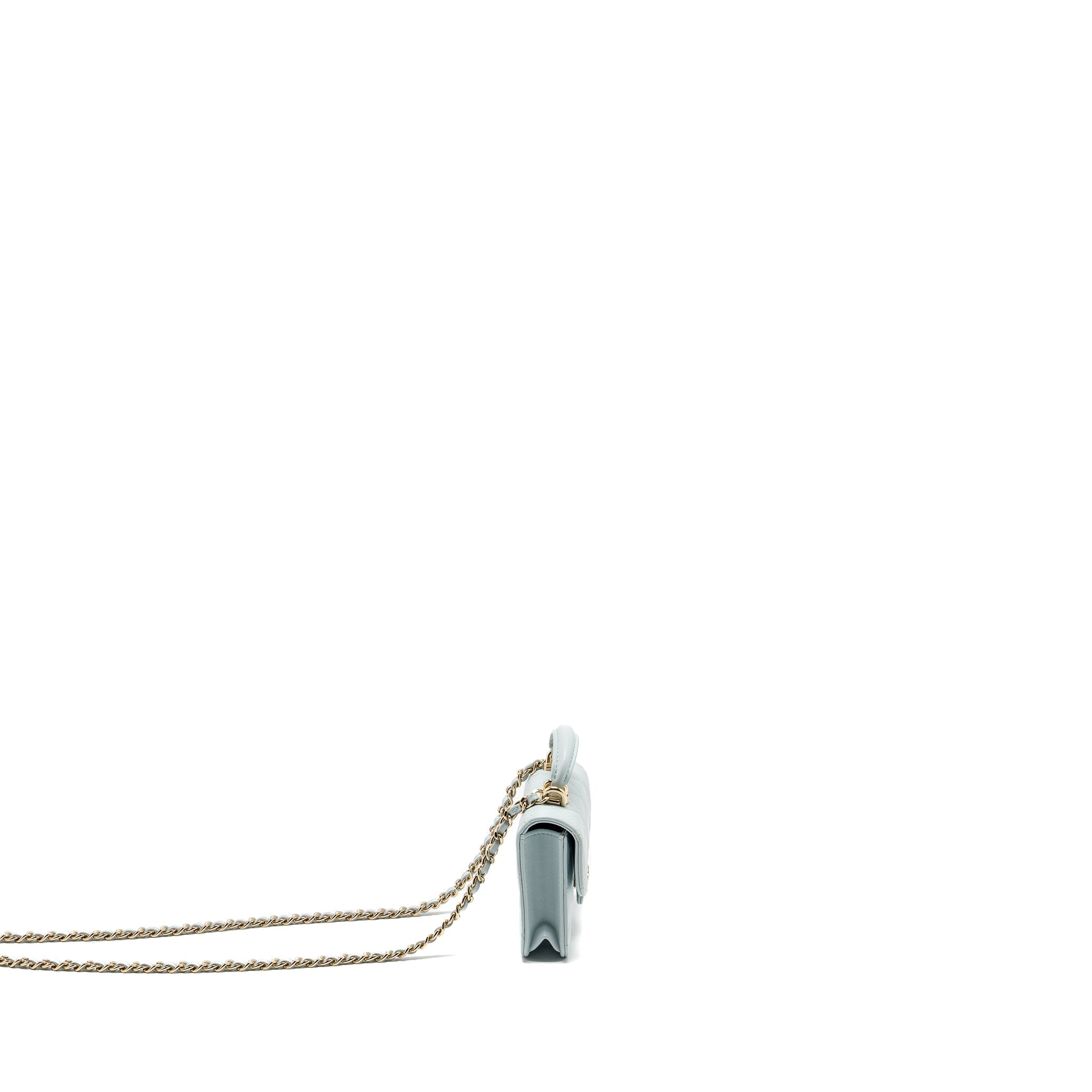 CHANEL TOP HANDLE MINI FLAP BAG WITH CHAIN LAMBSKIN LIGHT BLUE LGHW