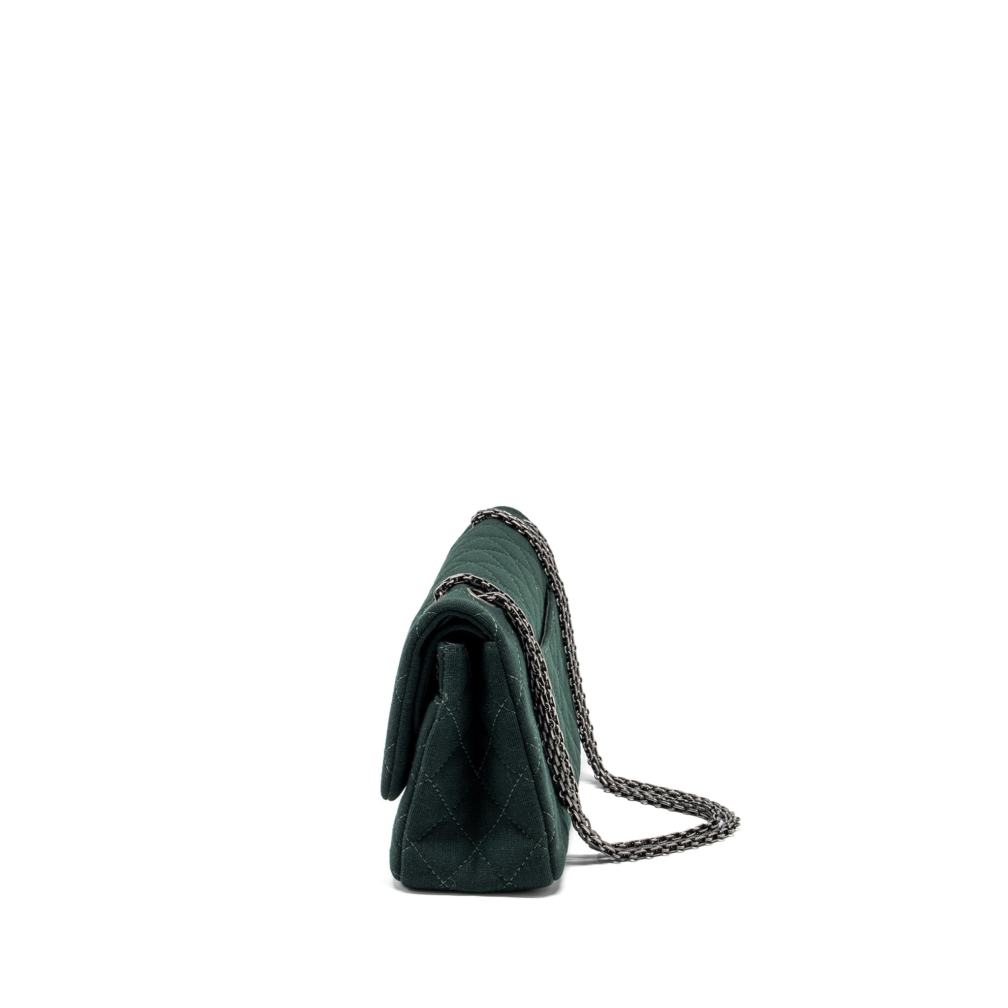 CHANEL REISSUE 2.55 226 DOUBLE FLAP BAG FABRIC DARK GREEN RUTHENIUM HARDWARE