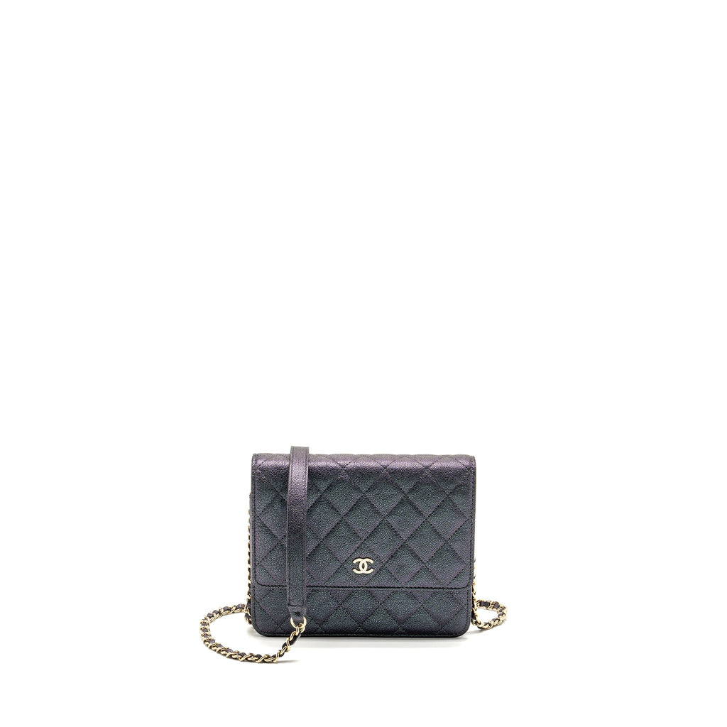 CHANEL QUILTED SQUARE WALLET WITH CHAIN CAVIAR IRIDESCENT BLACK LGHW