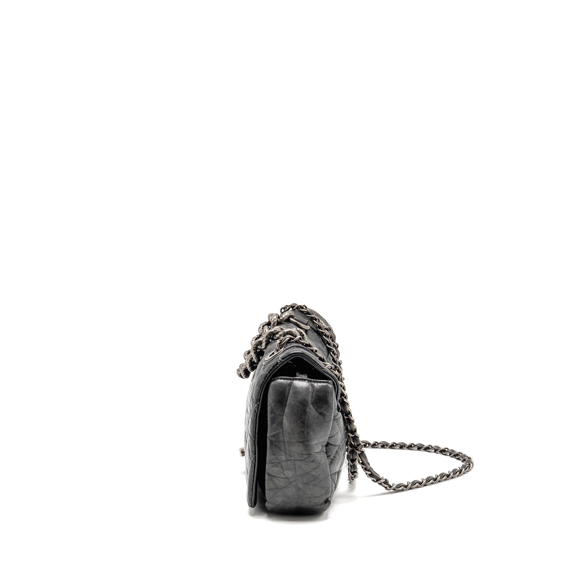 CHANEL DETAILED CHAIN SINGLE FLAP BAG CALFSKIN CHARCOAL GREY SHW