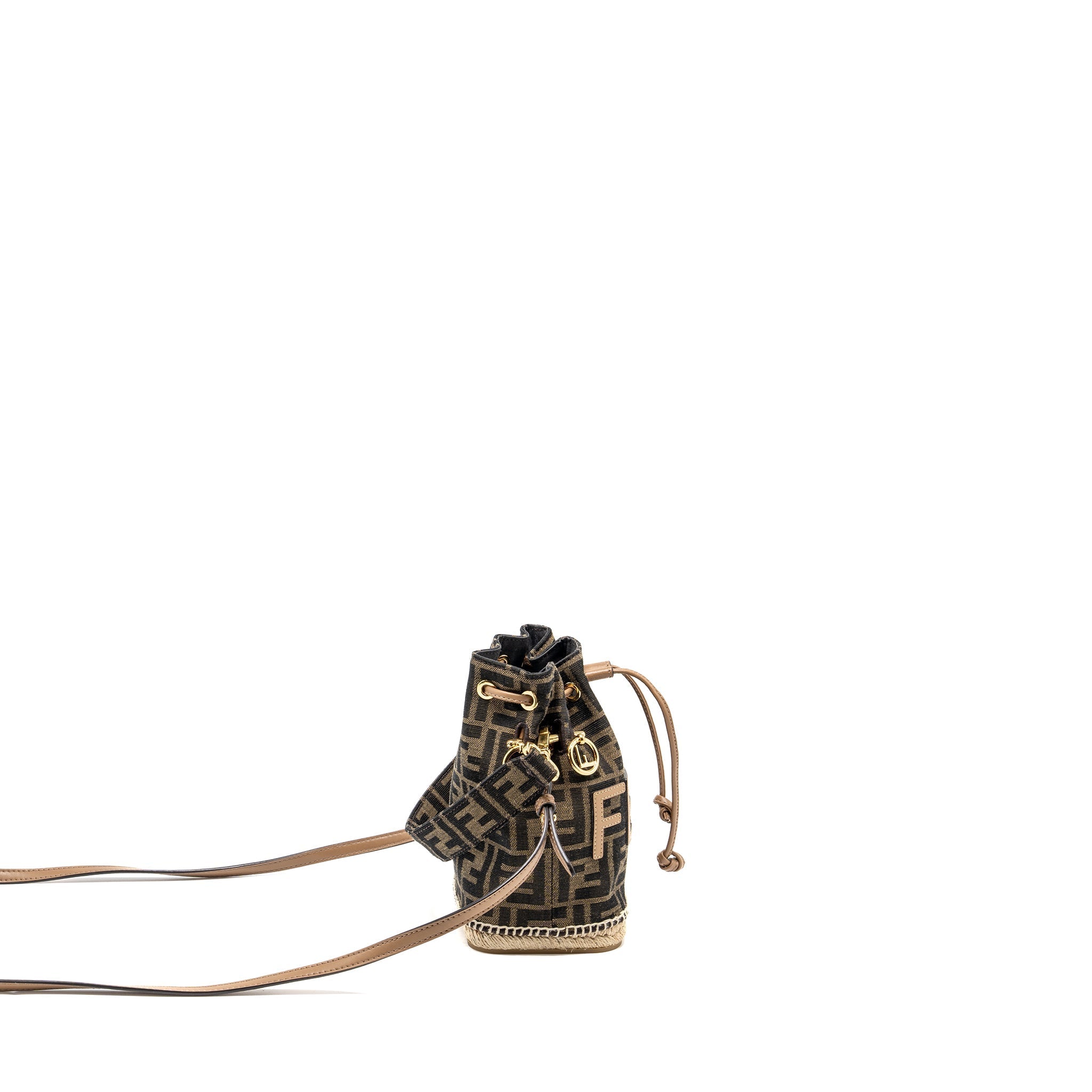 FENDI MINI MON TRESOR BUCKET BAG FF JACQUARD FABRIC/CALFSKIN BROWN GHW