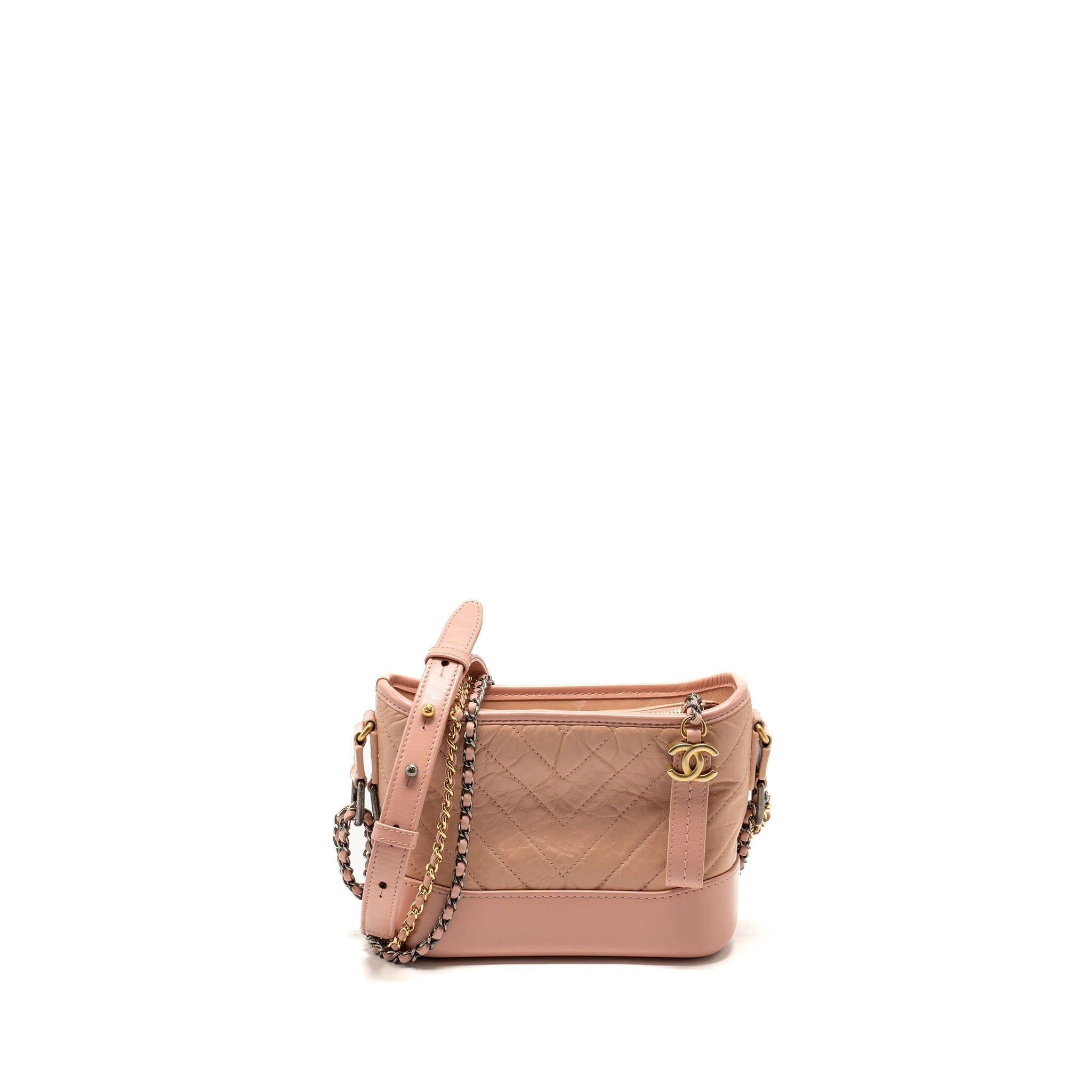 CHANEL SMALL GABRIELLE HOBO BAG CHEVRON AGED CALFSKIN PINK MULTICOLOUR HARDWARE