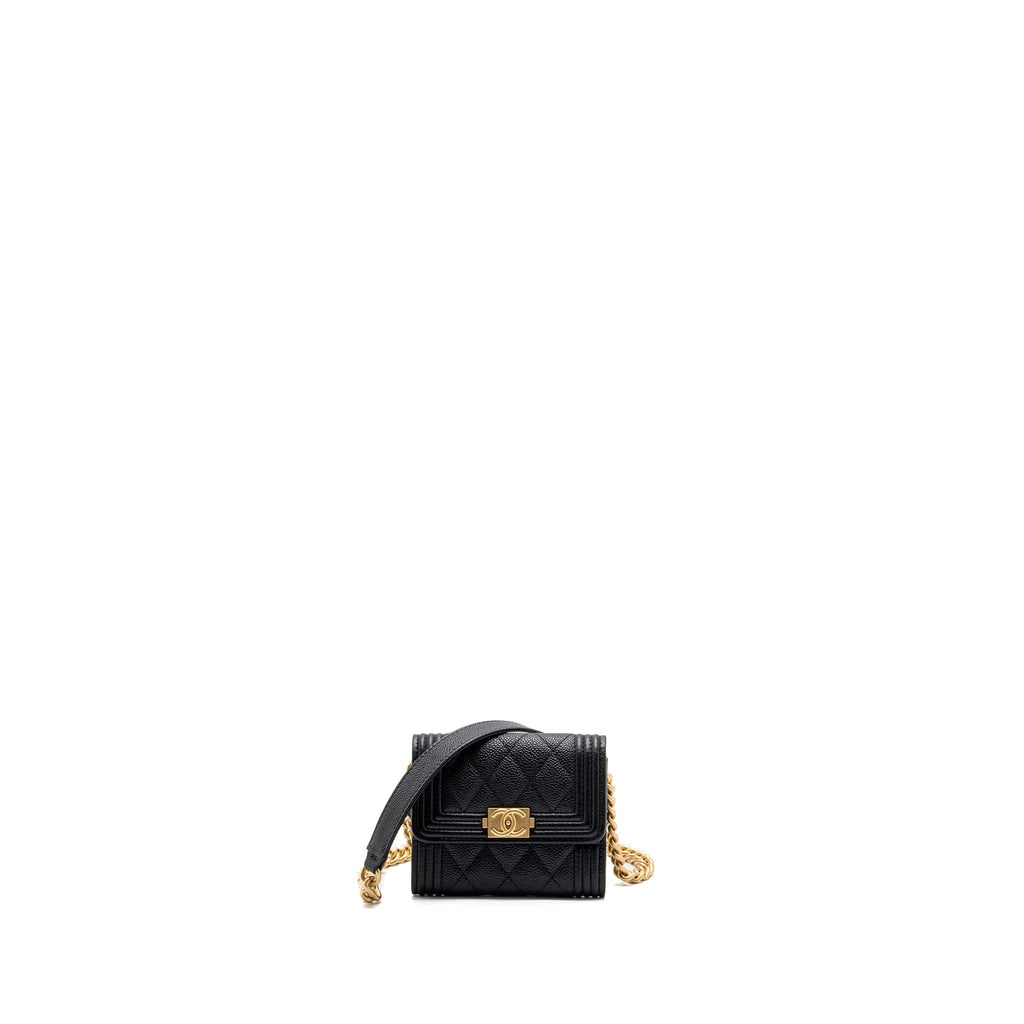 CHANEL BOY CARD HOLDER WITH CHAIN CAVIAR BLACK GHW
