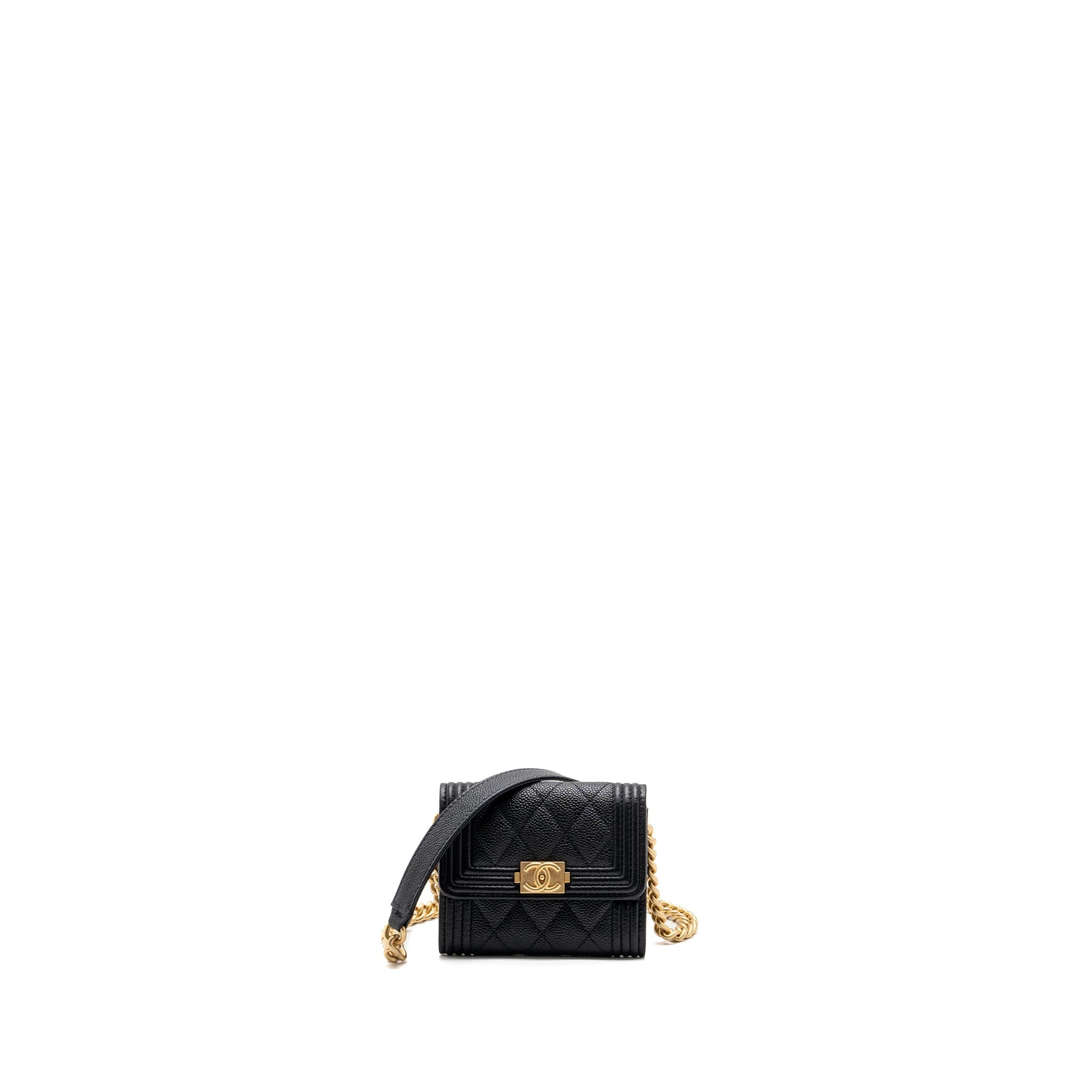 CHANEL BOY CARD HOLDER WITH CHAIN CAVIAR BLACK GHW