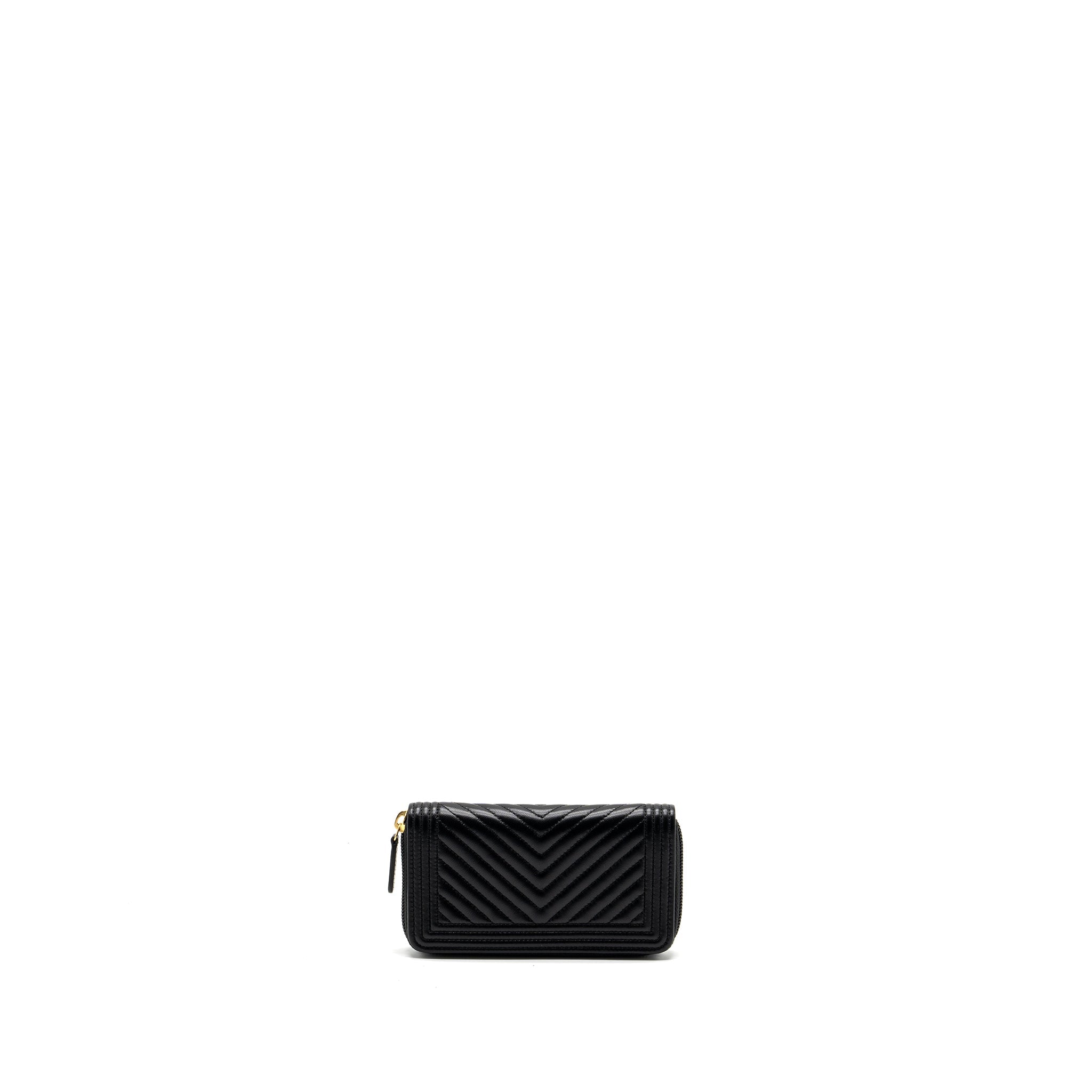 CHANEL BOY ZIPPER WALLET CHEVRON LAMBSKIN BLACK LGHW