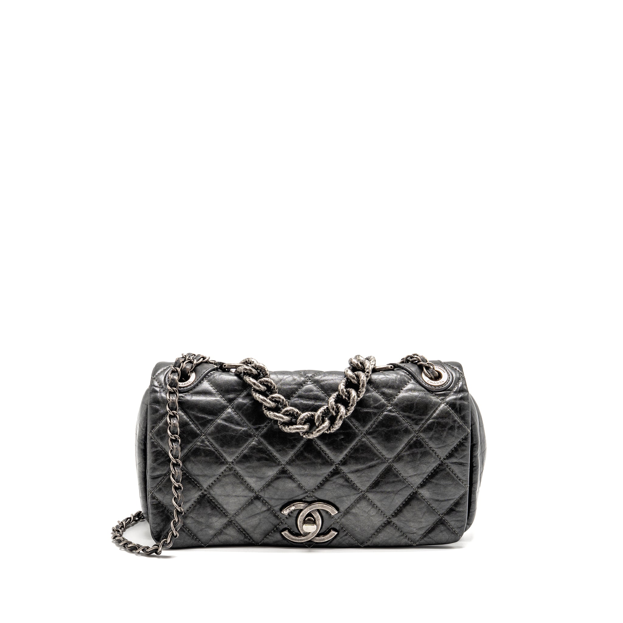 CHANEL DETAILED CHAIN SINGLE FLAP BAG CALFSKIN CHARCOAL GREY SHW