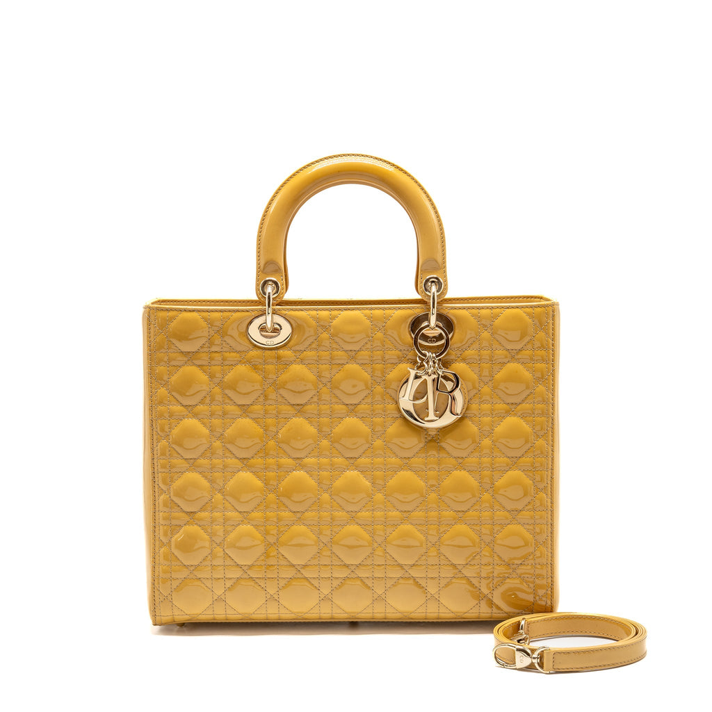 DIOR LARGE LADY DIOR PATENT LEATHER BEIGE LGHW