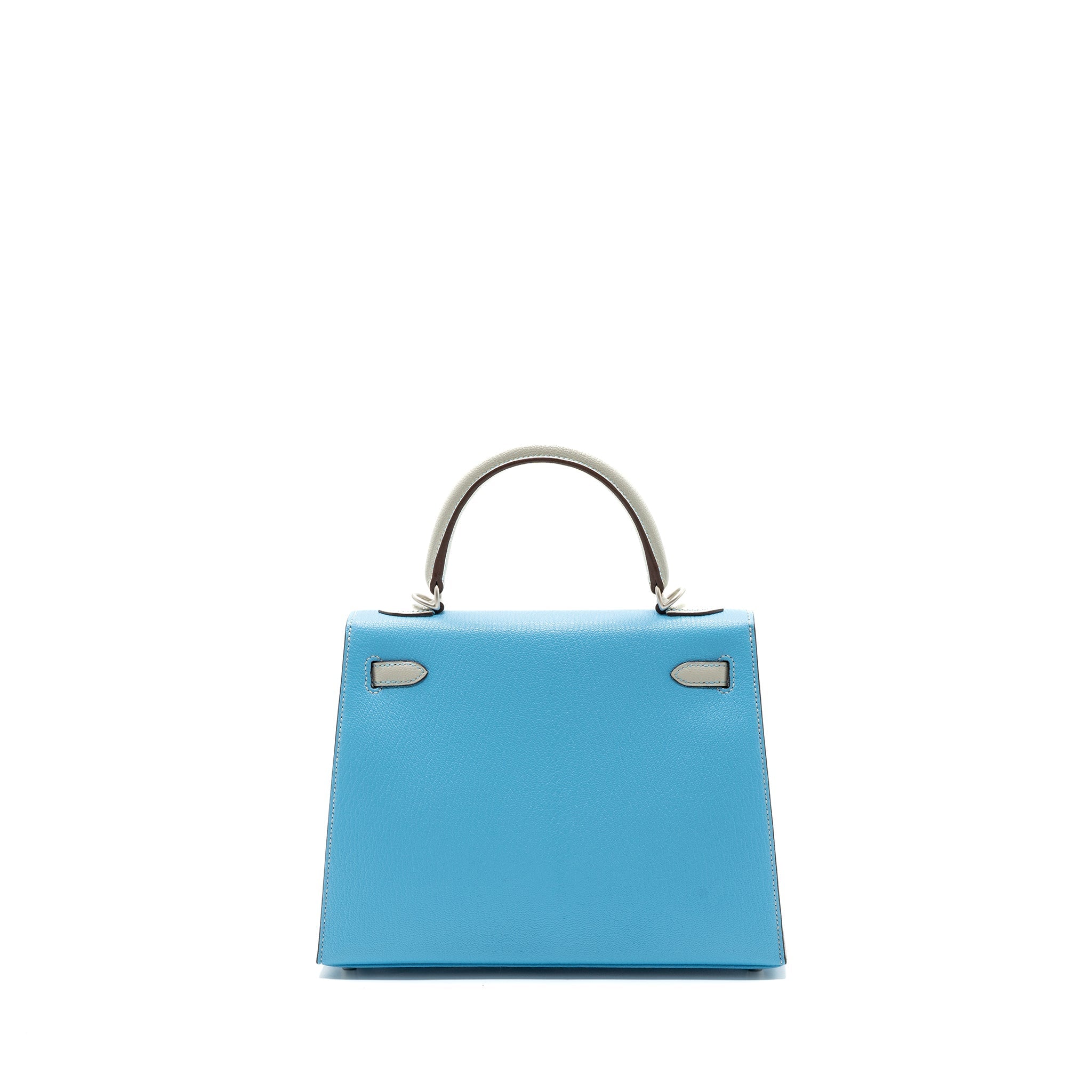 HERMES KELLY 25 SPECIAL ORDER CHÈVRE MYSORE BLUE CELESTE / GRIS PERLE BRUSHED SHW