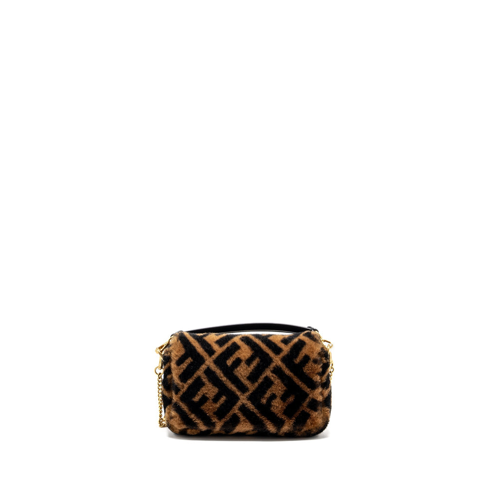 FENDI MINI BAGUETTE BAG LAMB FUR BLACK/BROWN GHW