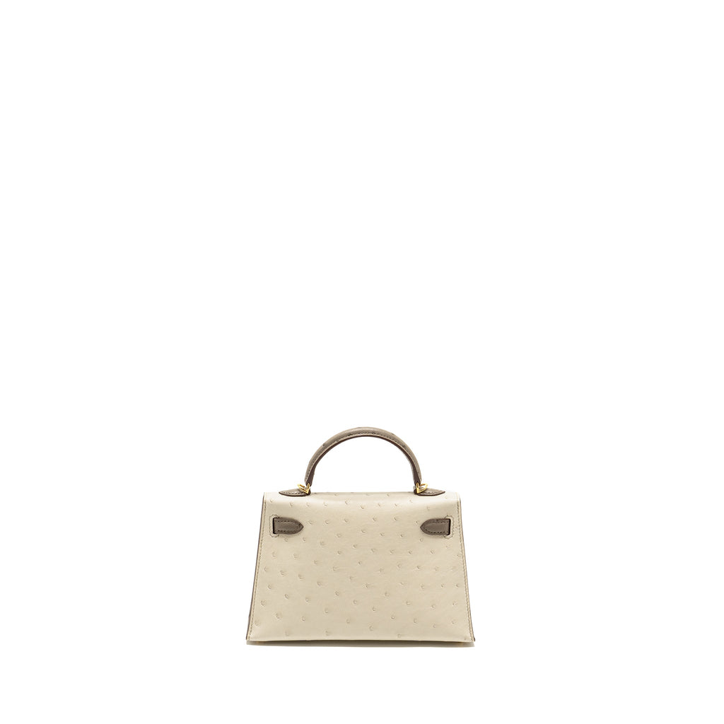 HERMES MINI KELLY II SPECIAL ORDER OSTRICH BETON / GRIS TOURTERELLE GHW
