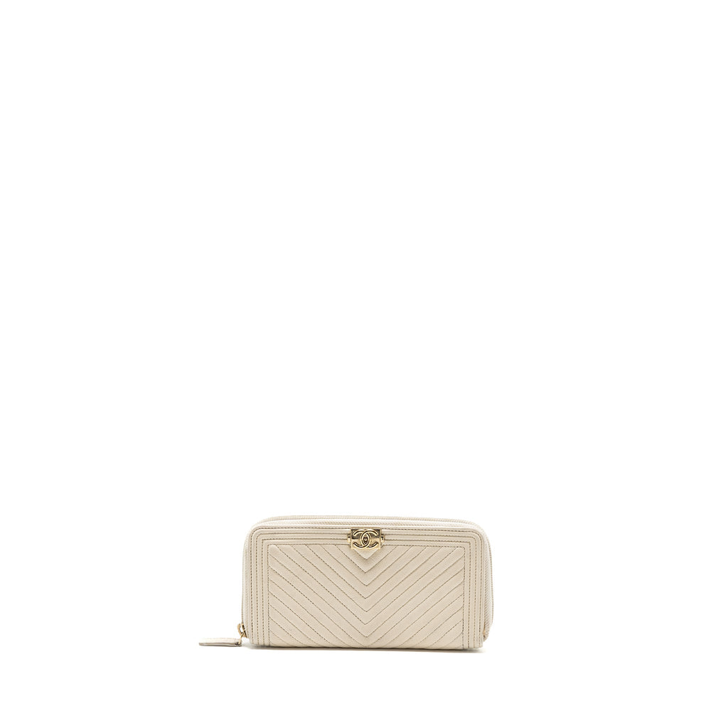CHANEL BOY ZIPPER LONG WALLET CAVIAR WHITE LGHW