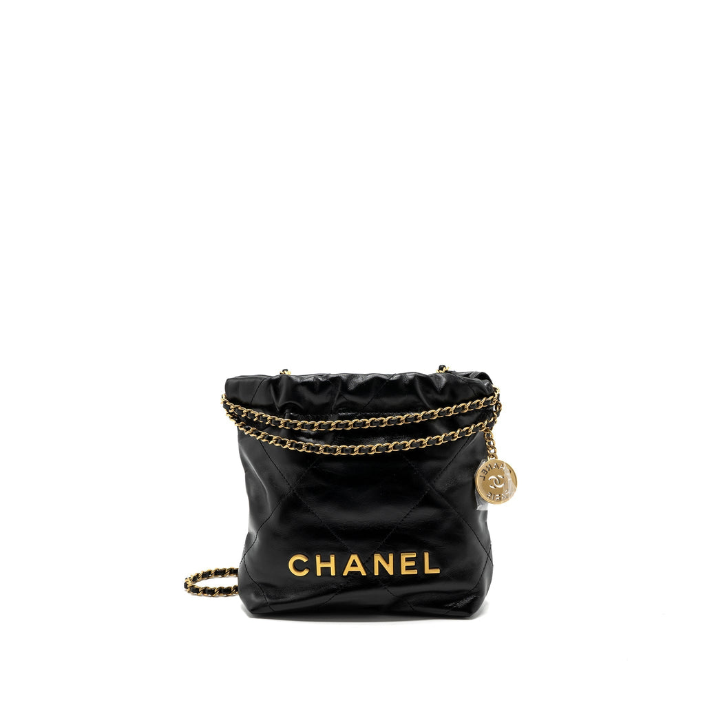 CHANEL MINI 22 BAG SHINY CALFSKIN BLACK BRUSHED GHW (MICROCHIP)