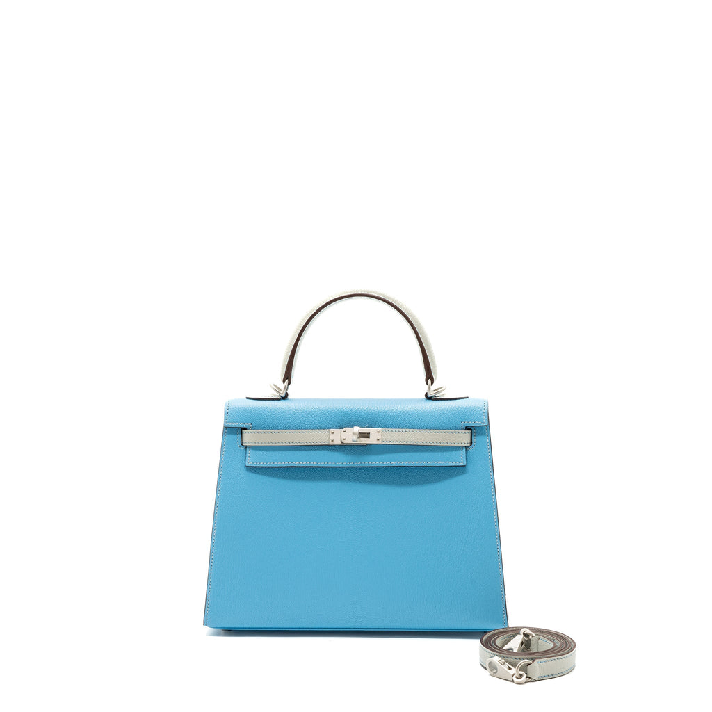HERMES KELLY 25 SPECIAL ORDER CHÈVRE MYSORE BLUE CELESTE / GRIS PERLE BRUSHED SHW