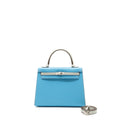 HERMES KELLY 25 SPECIAL ORDER CHÈVRE MYSORE BLUE CELESTE / GRIS PERLE BRUSHED SHW