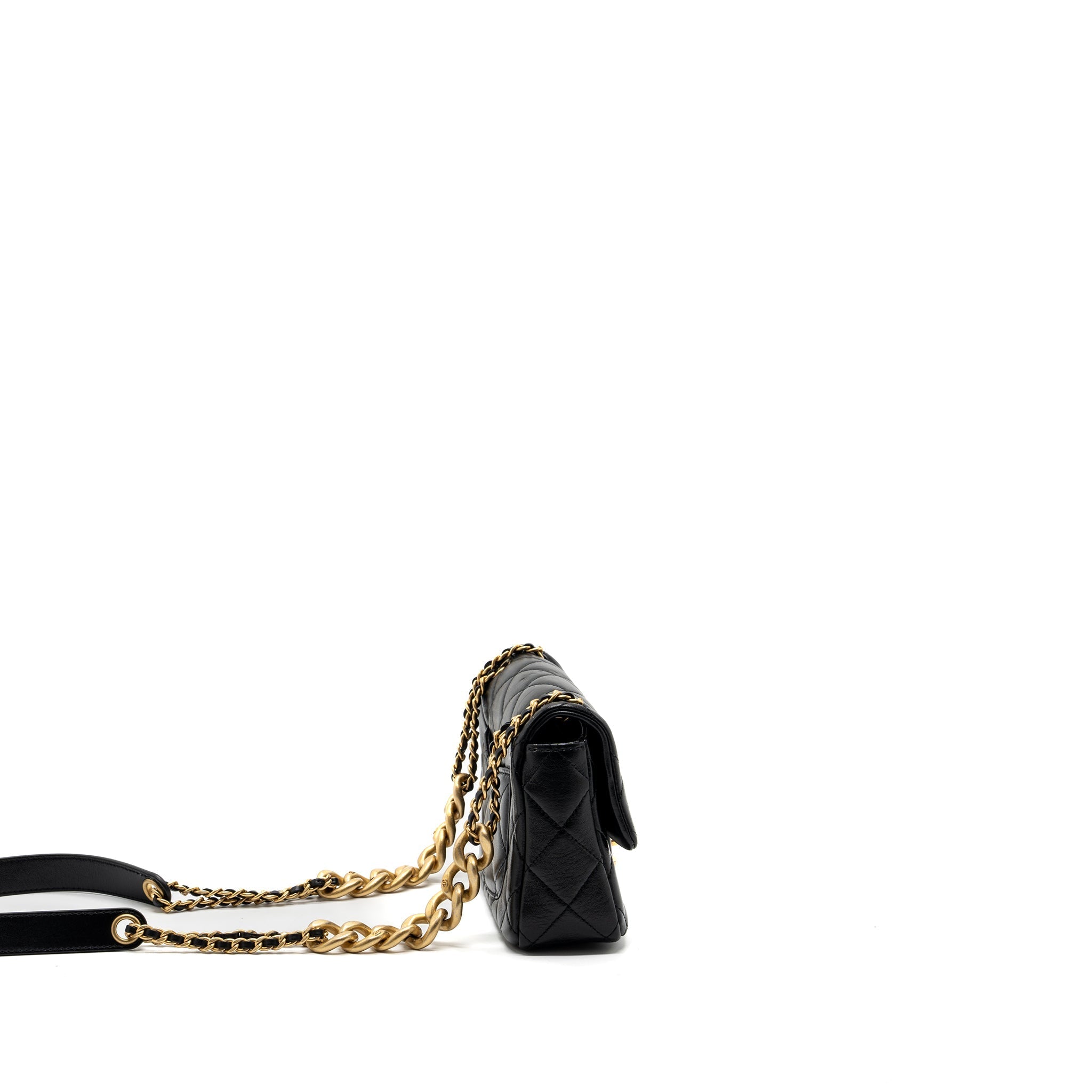 CHANEL SEASONAL MINI SQUARE FLAP BAG WITH DETAILED CHAIN STRAP CALFSKIN BLACK GHW (MICROCHIP)