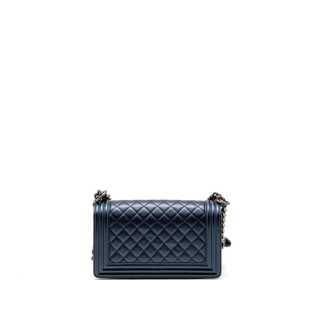 CHANEL MEDIUM BOY BAG CAVIAR METALLIC BLUE RUTHENIUM HARDWARE