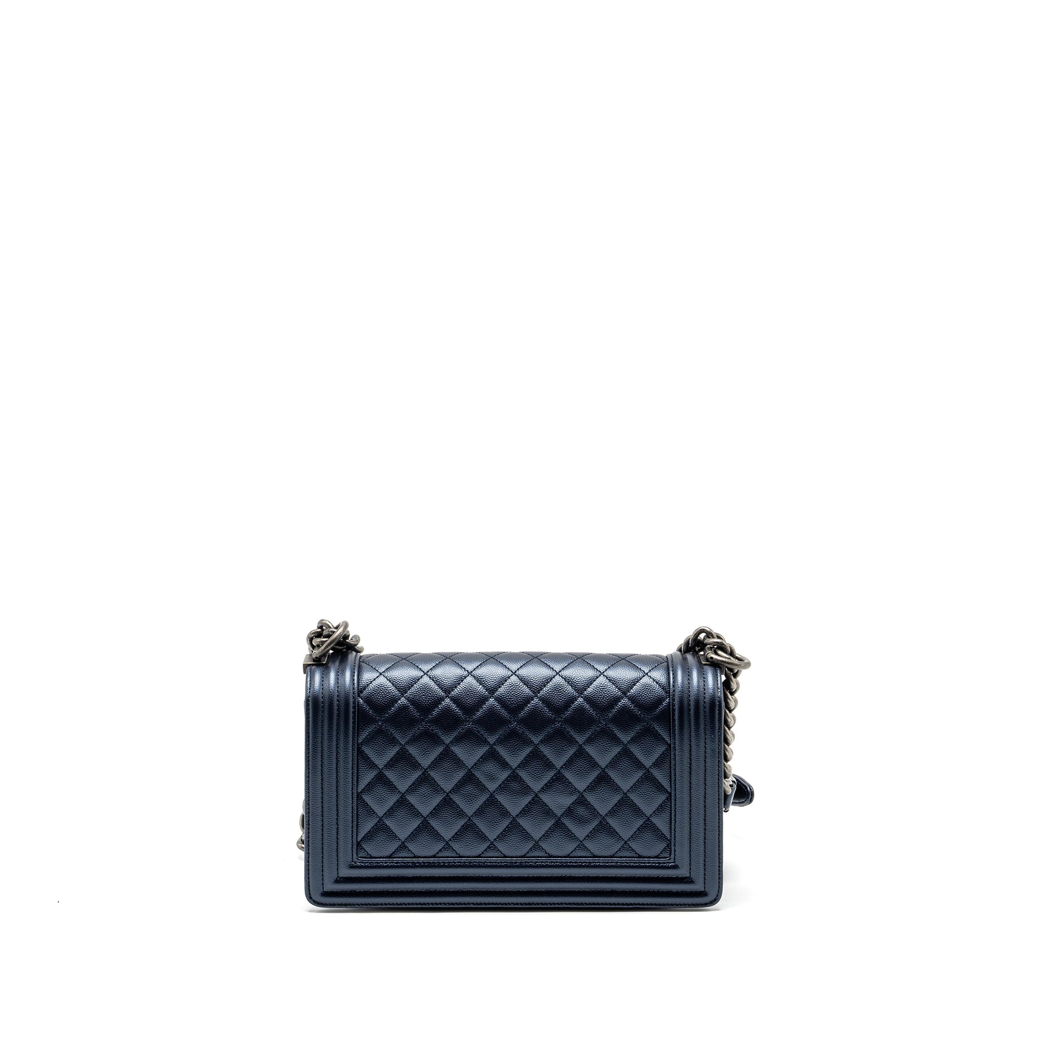 CHANEL MEDIUM BOY BAG CAVIAR METALLIC BLUE RUTHENIUM HARDWARE