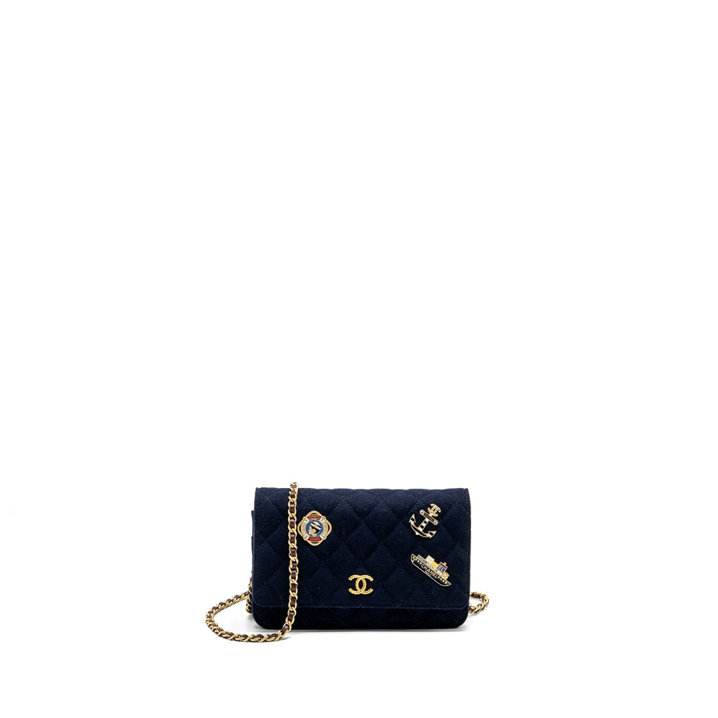 CHANEL 18A CHARMING NAVY WALLET ON CHAIN WOOL/CALFSKIN NAVY GHW