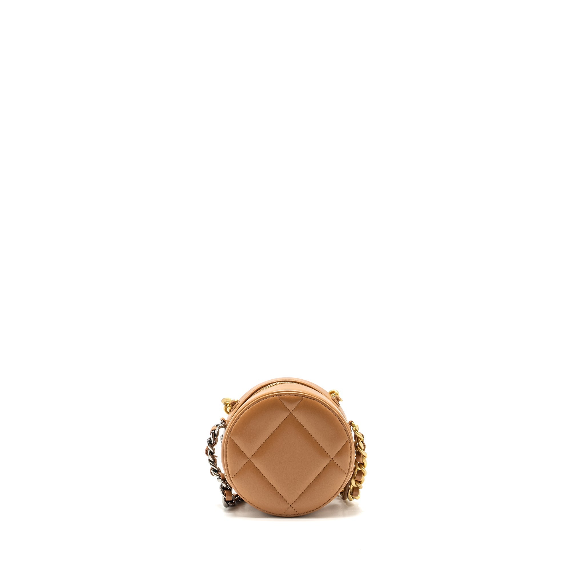 CHANEL 19 ROUND CLUTCH WITH CHAIN LAMBSKIN CARAMEL MULTICOLOUR HARDWARE (MICROCHIP)