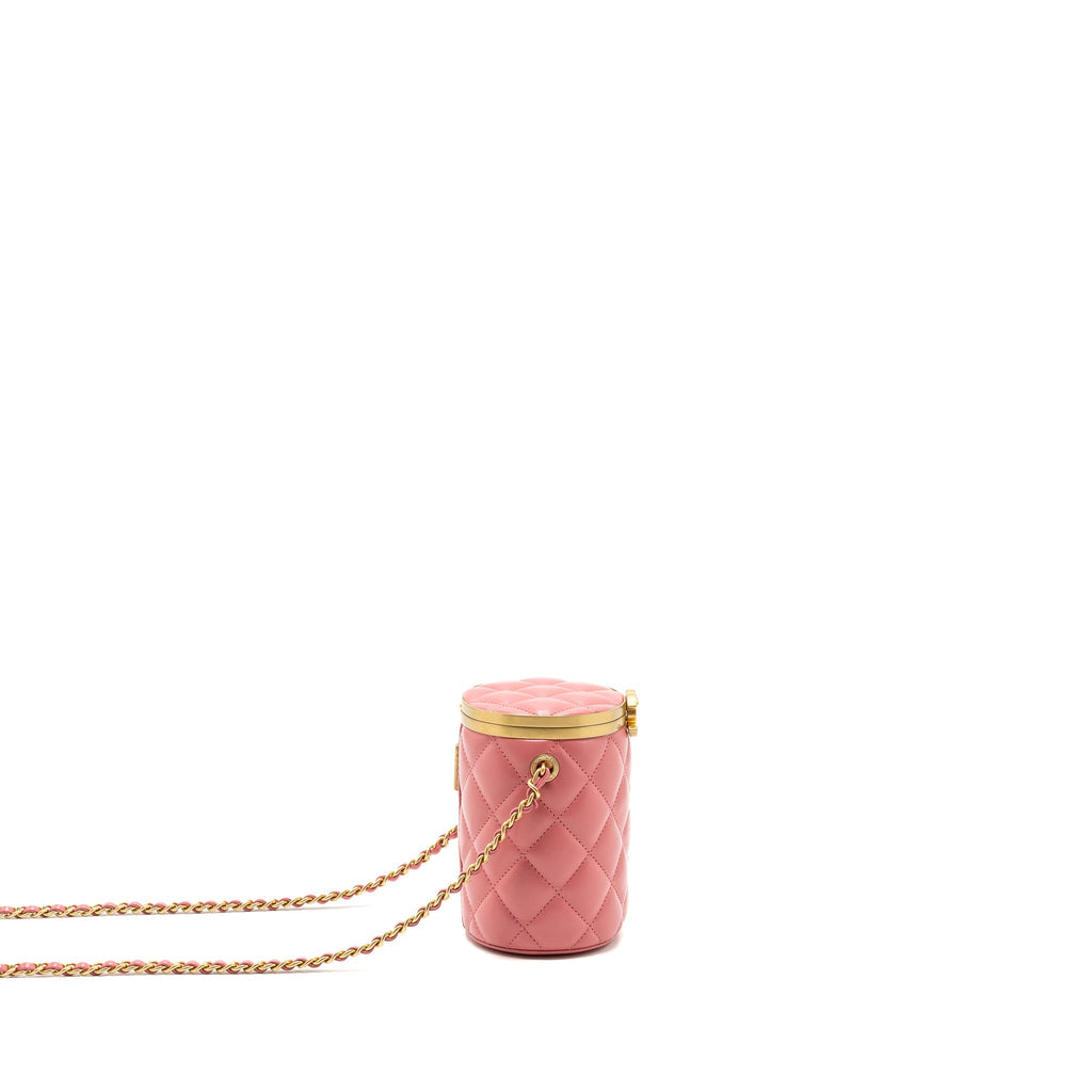 CHANEL ROUND VANITY CASE WITH CHAIN LAMBSKIN PINK GHW(MICROCHIP)