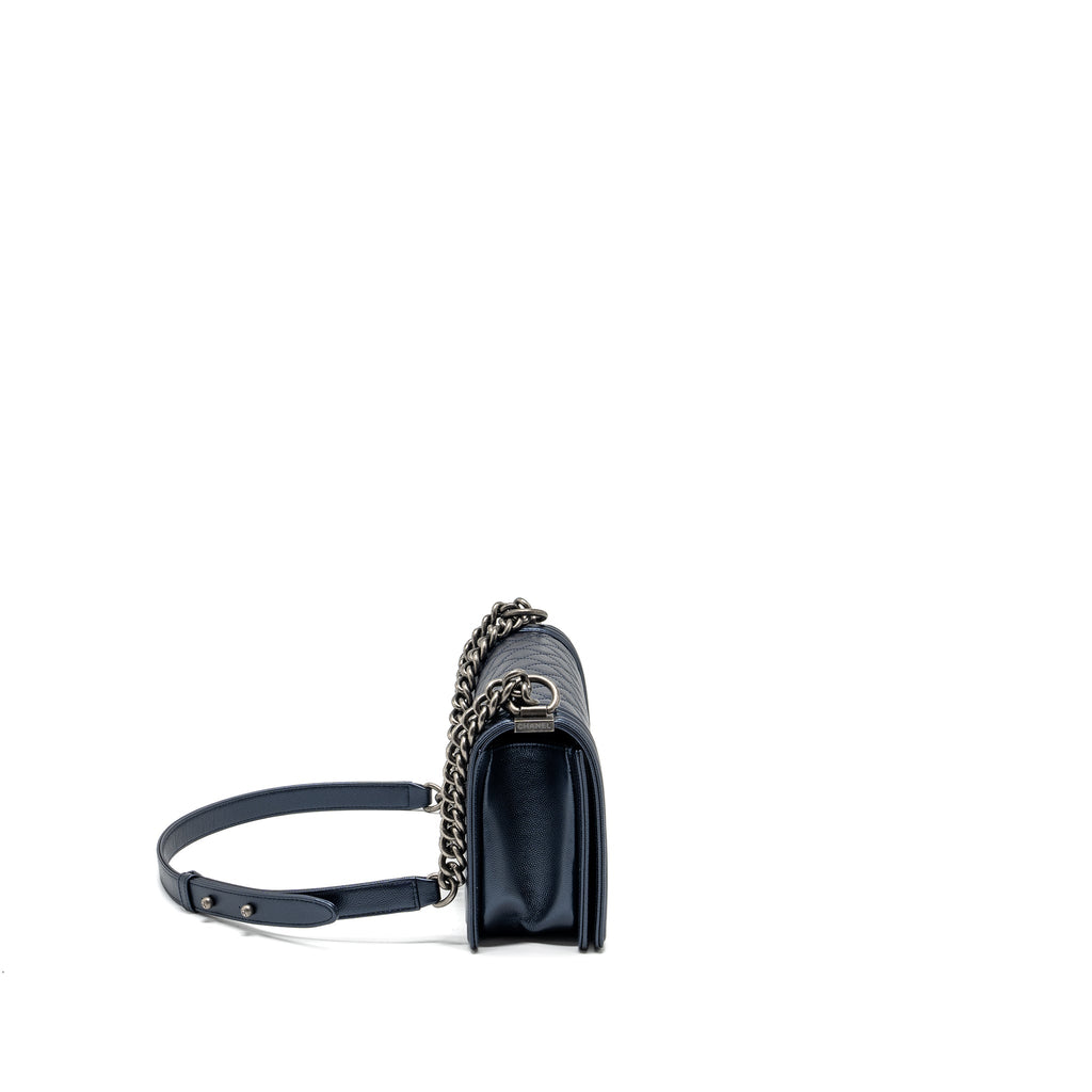 CHANEL MEDIUM BOY BAG CAVIAR METALLIC BLUE RUTHENIUM HARDWARE